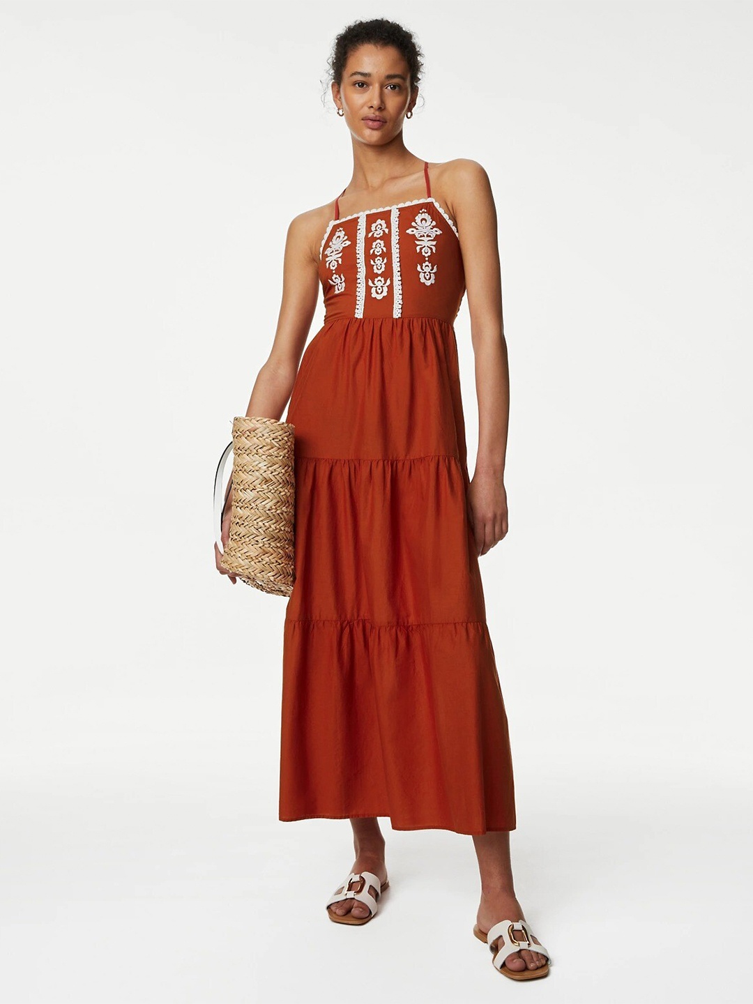 

Marks & Spencer Ethnic Motifs Printed Tiered Shoulder Straps Pure Cotton Midi Dress, Copper