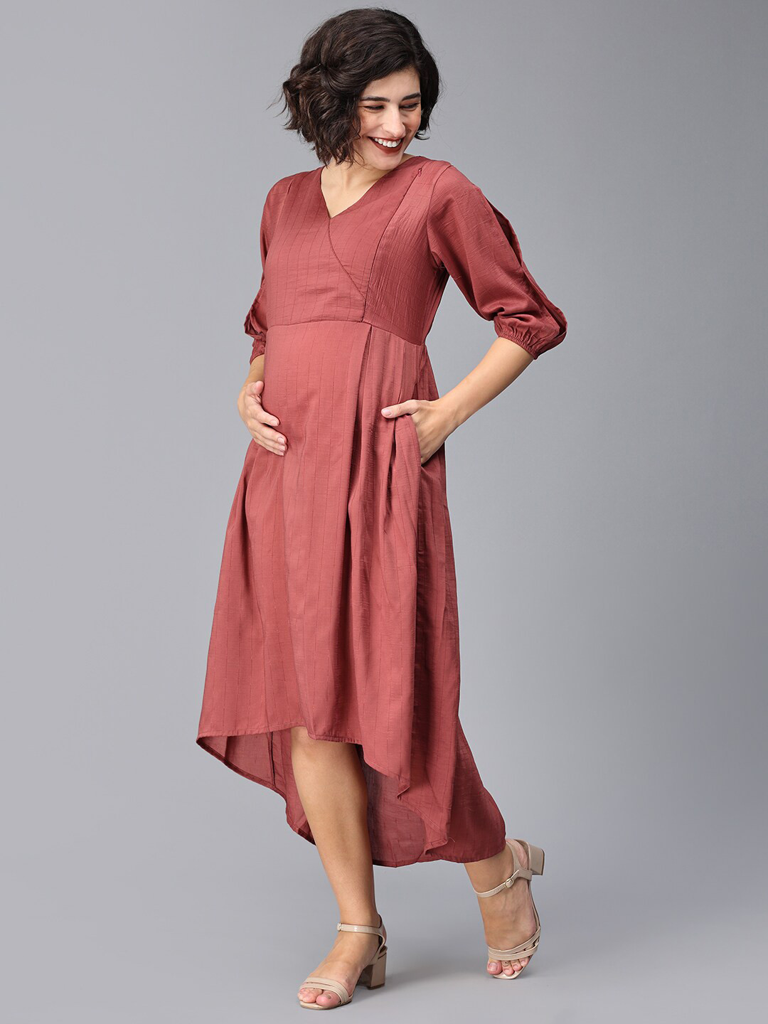 

The Mom Store Self Design Puff Sleeves Cotton Maternity Fit & Flare Midi Dress, Brown