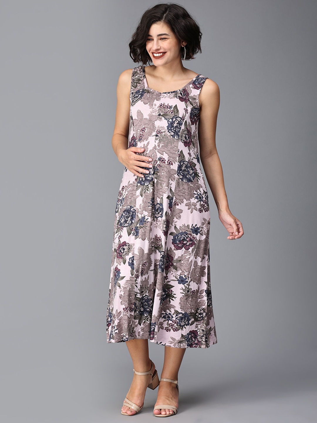 

The Mom Store Floral Printed Cotton Maternity Fit & Flare Midi Dress, Pink