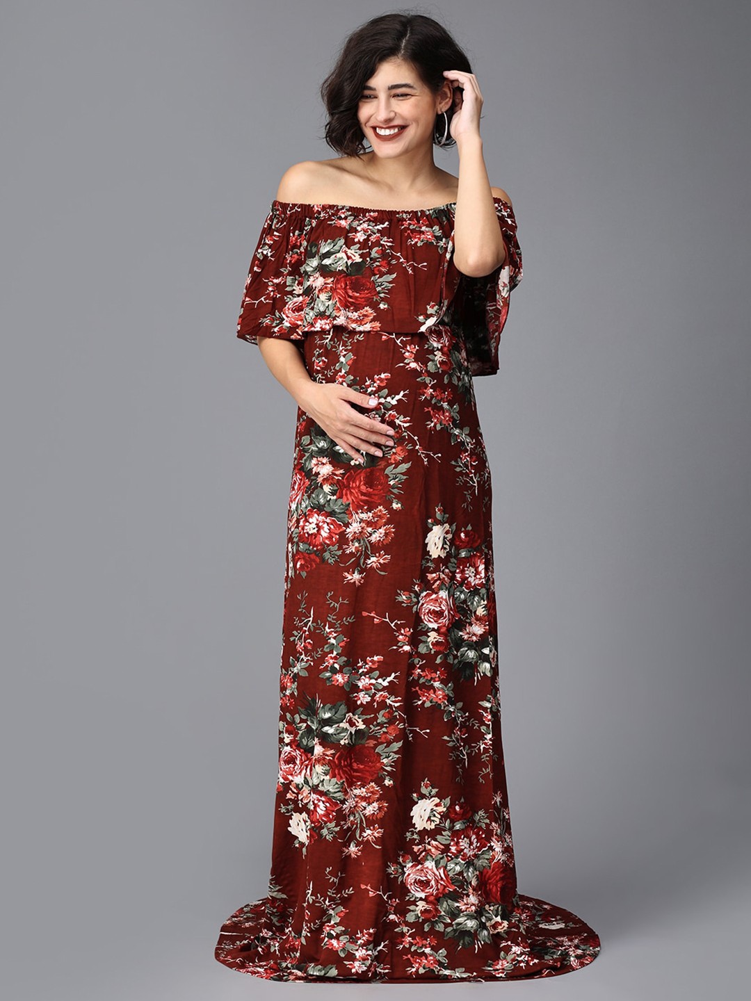 

The Mom Store Floral Printed Off-Shoulder Cotton Maternity Maxi Dress, Maroon