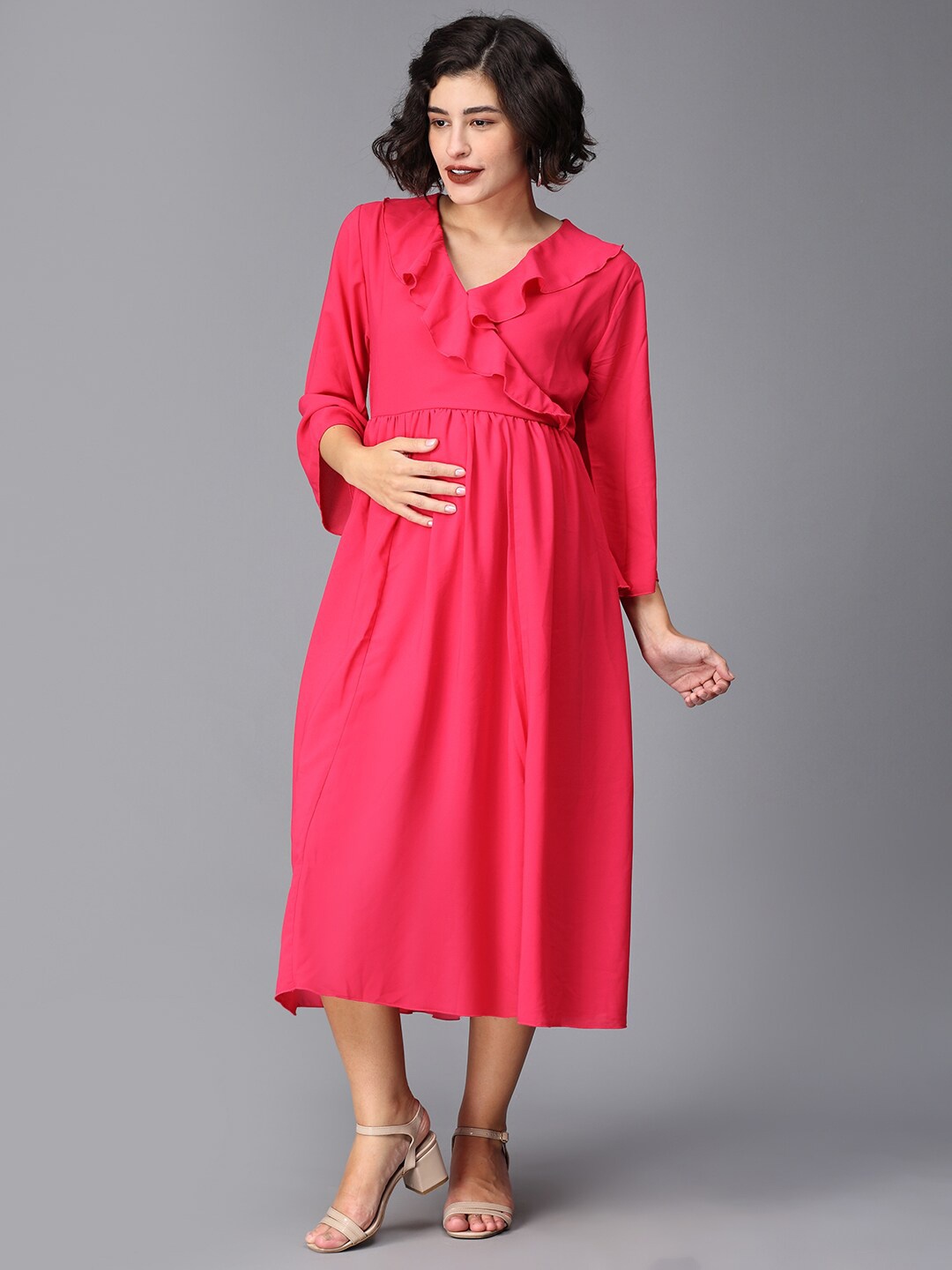 

The Mom Store V-Neck Georgette Maternity Wrap Midi Dress, Fuchsia