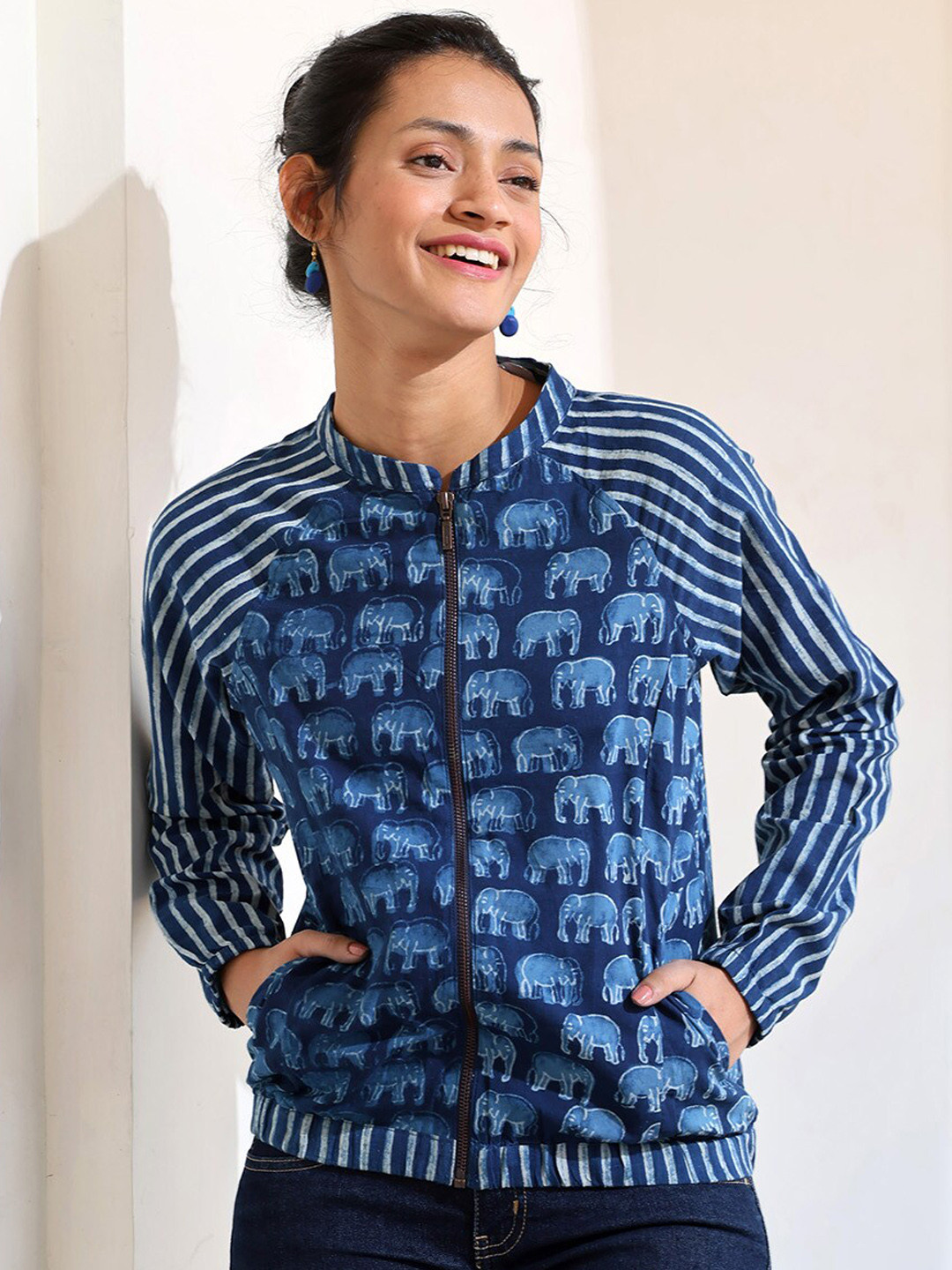 

OKHAI Mandarin Collar Cotton Varsity Jacket, Blue