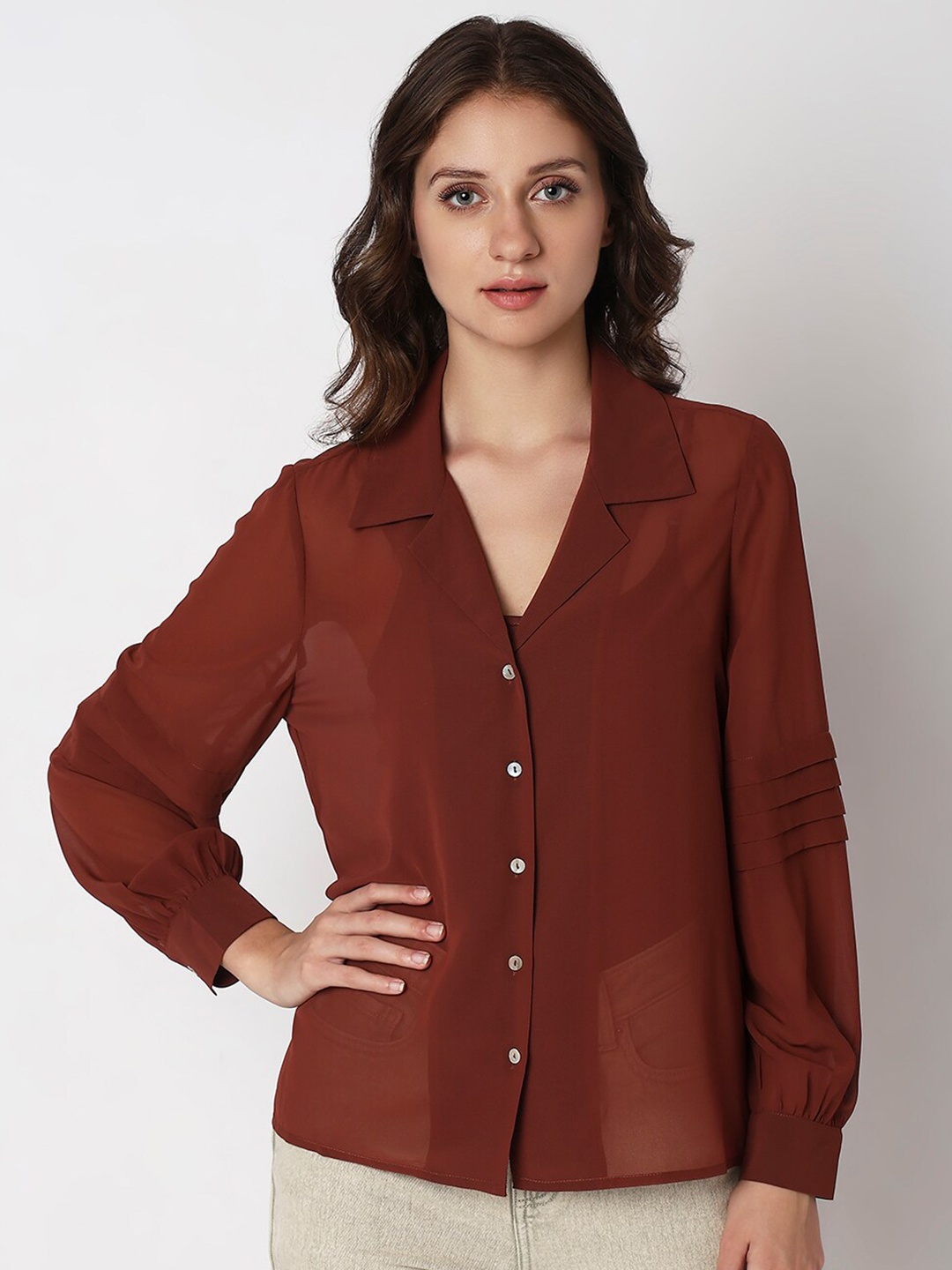 

Vero Moda Cuban Collar Semi Sheer Casual Shirt, Brown