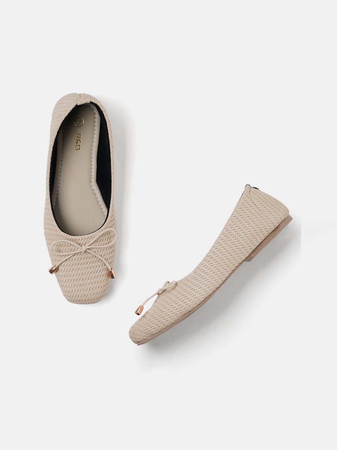 

R&B Textured Square Toe Ballerinas With Bows, Beige