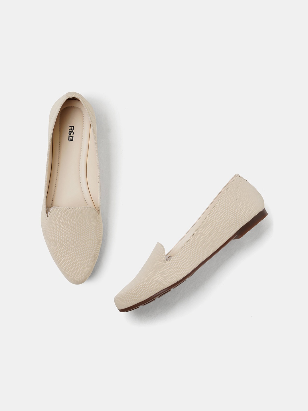 

R&B Textured Pointed Toe Ballerinas, Cream