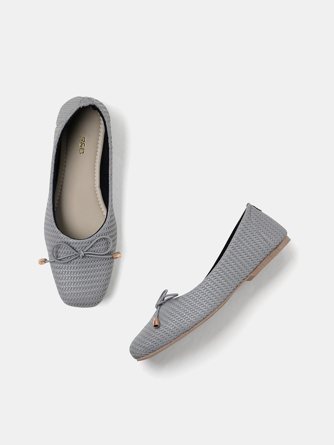 

R&B Textured Square Toe Ballerinas With Bows, Grey
