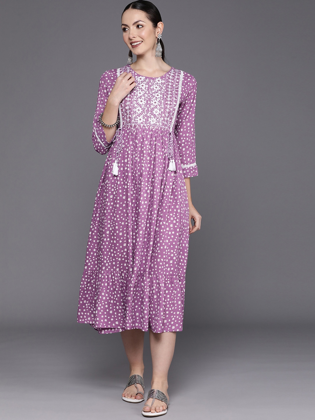 

Indo Era Floral Embroidered Embellished A-Line Midi Ethnic Dress, Purple