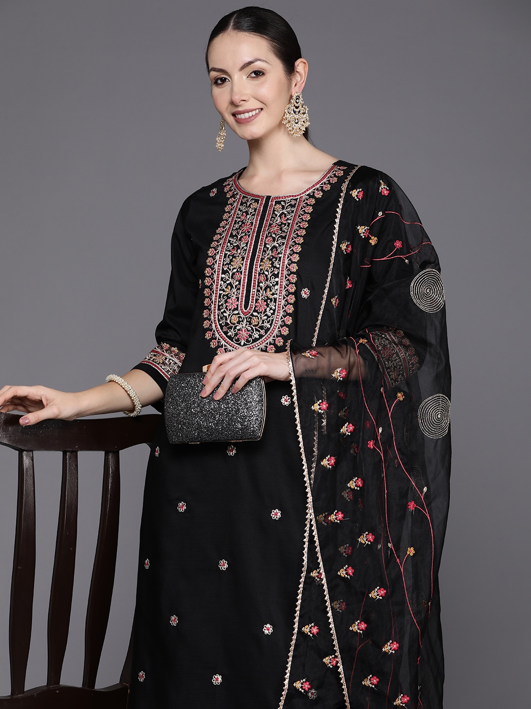 

Indo Era Floral Embroidered Regular Sequinned Kurta with Trousers & Dupatta, Black