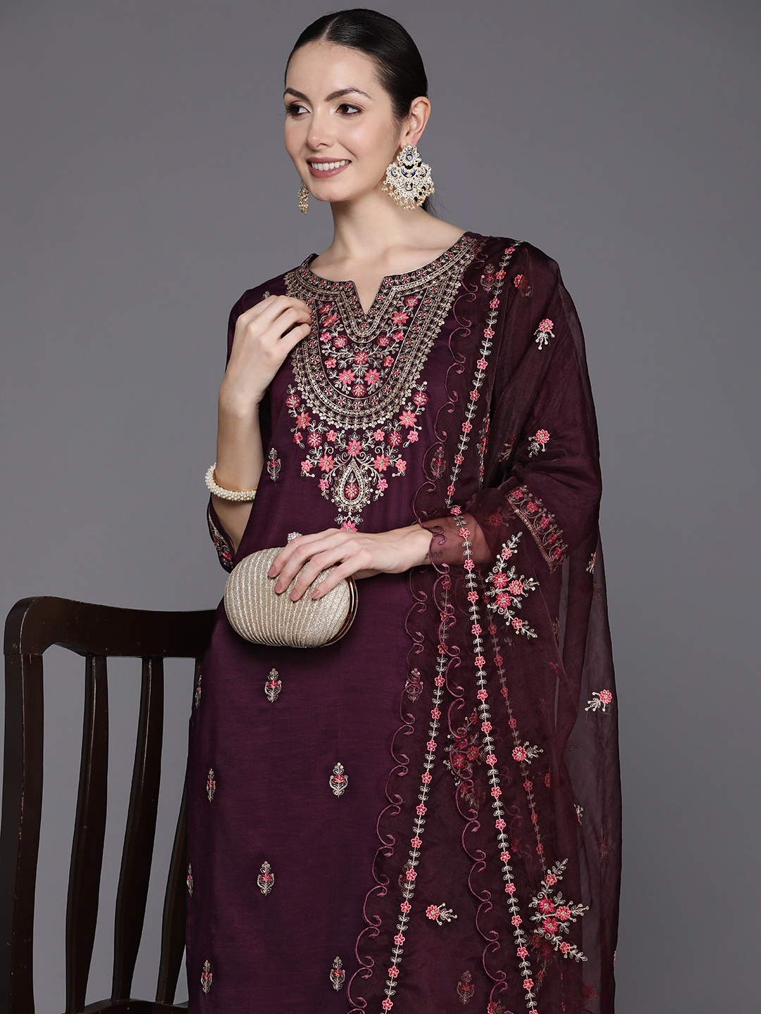 

Indo Era Floral Embroidered Zari Kurta with Trousers & Dupatta, Burgundy