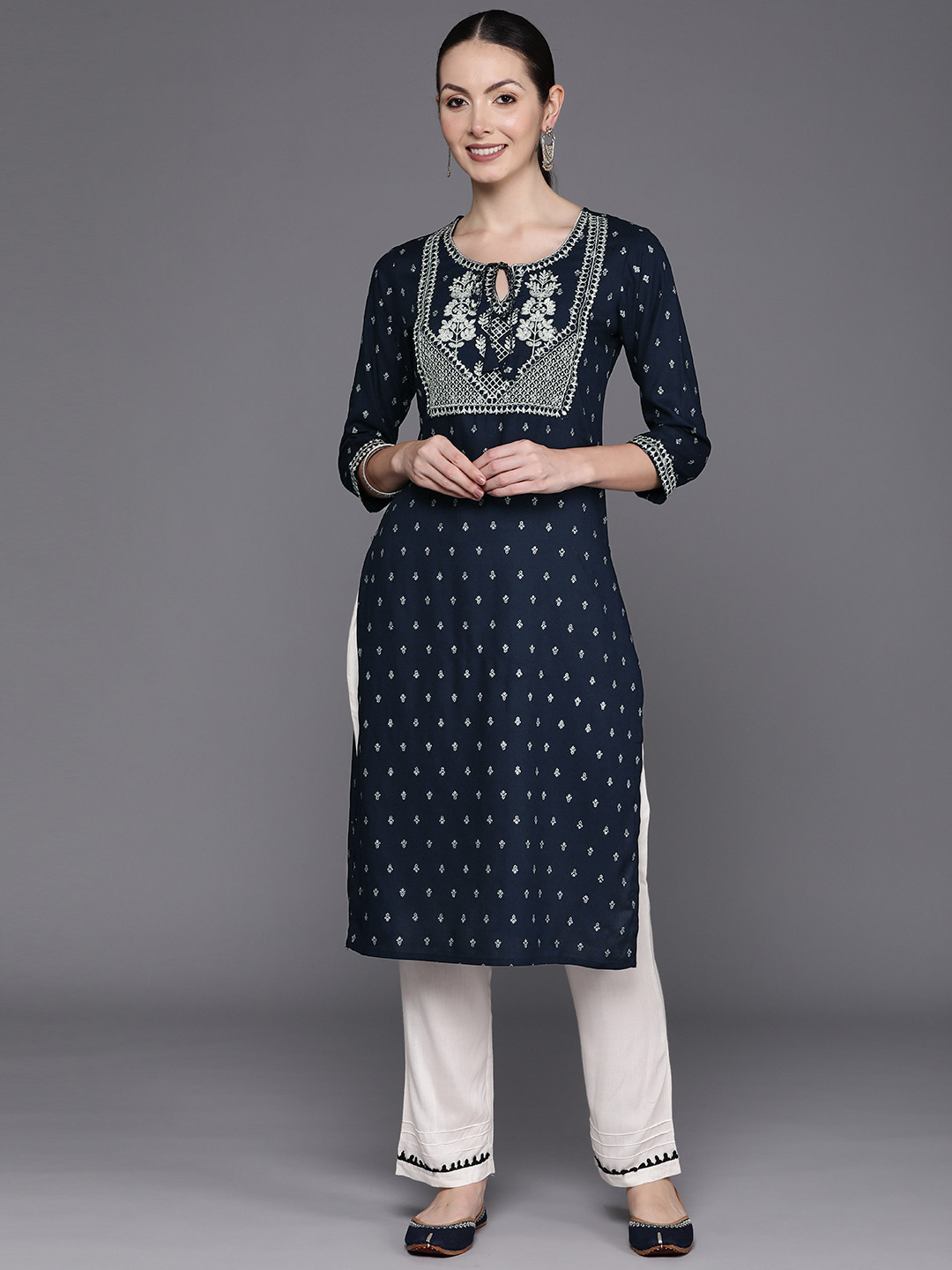 

Indo Era Ethnic Motifs Embroidered Zari Tie-Up Neck Kurta, Navy blue
