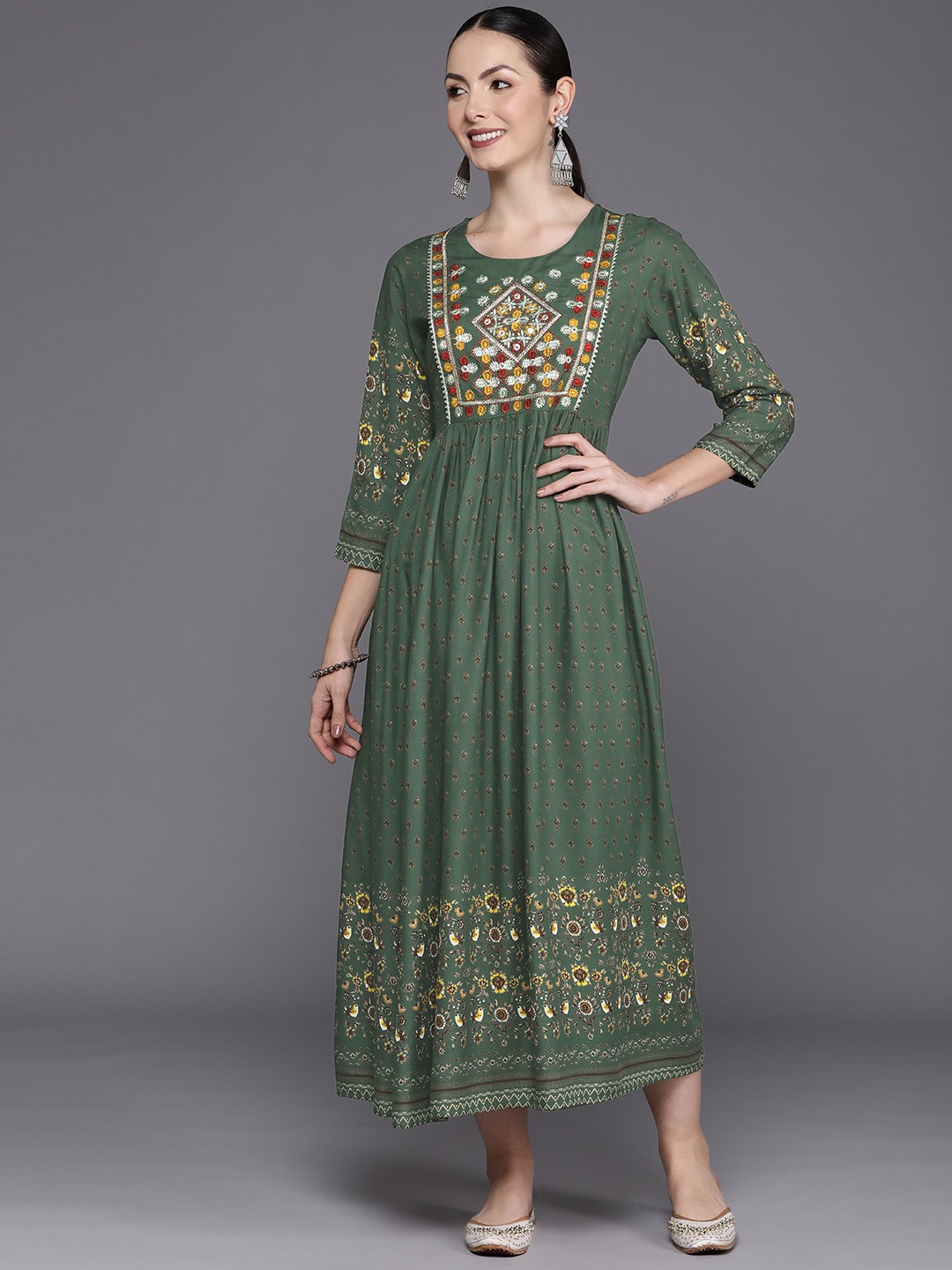 

Indo Era Floral Embroidered Embellished A-Line Maxi Ethnic Dress, Green
