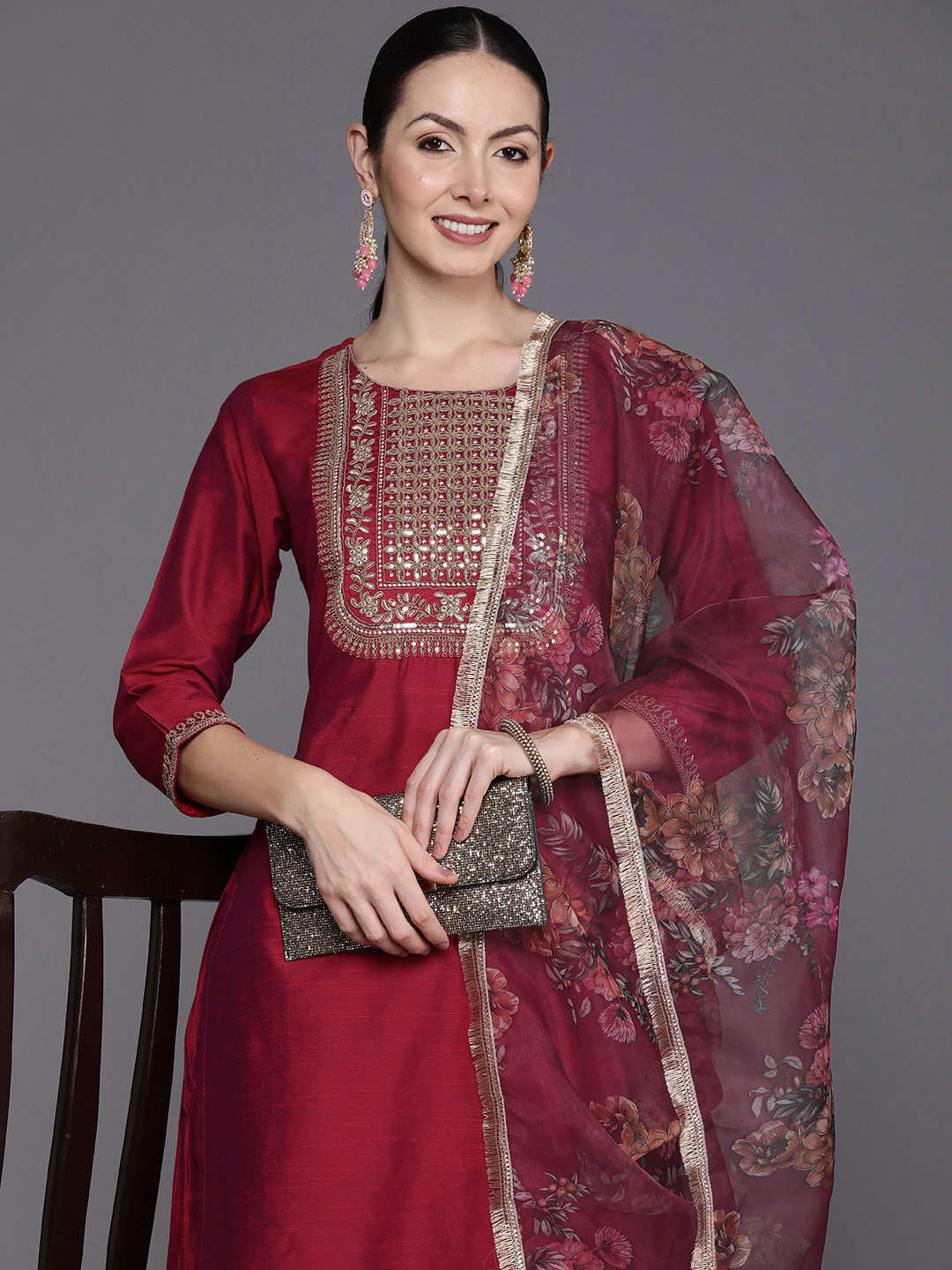 

Indo Era Women Floral Yoke Design Sequinned Chanderi Silk Kurta with Trousers & Dupatta, Maroon