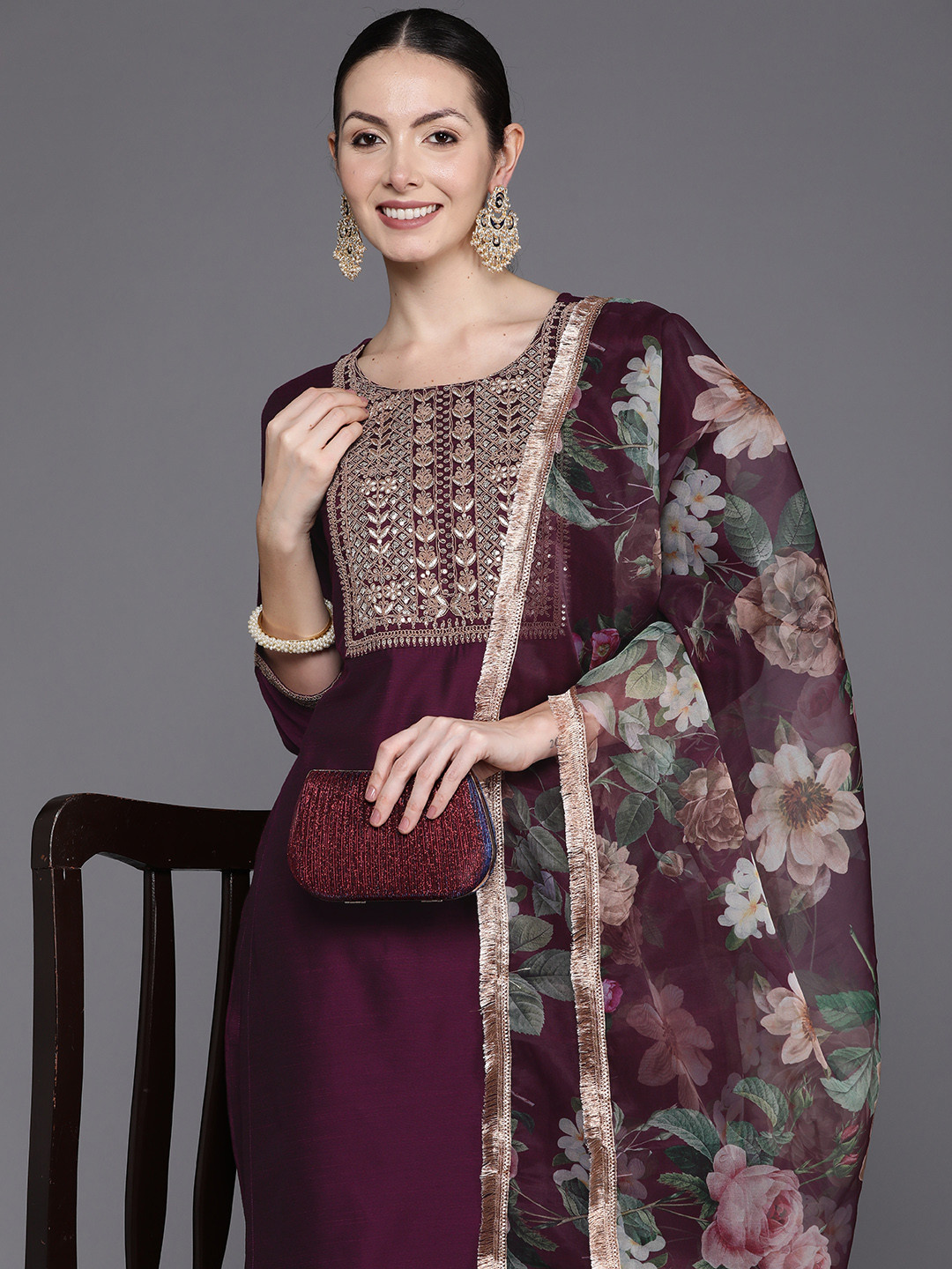

Indo Era Women Floral Yoke Design Regular Chanderi Silk Kurta with Trousers & Dupatta, Burgundy