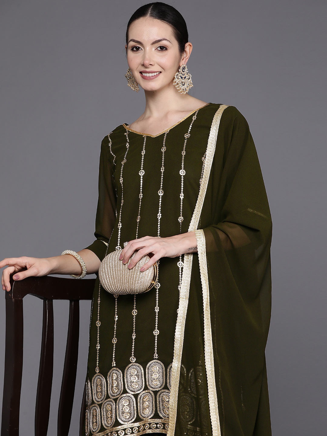 

Indo Era Embroidered Regular Sequinned Kurta with Sharara & With Dupatta, Green