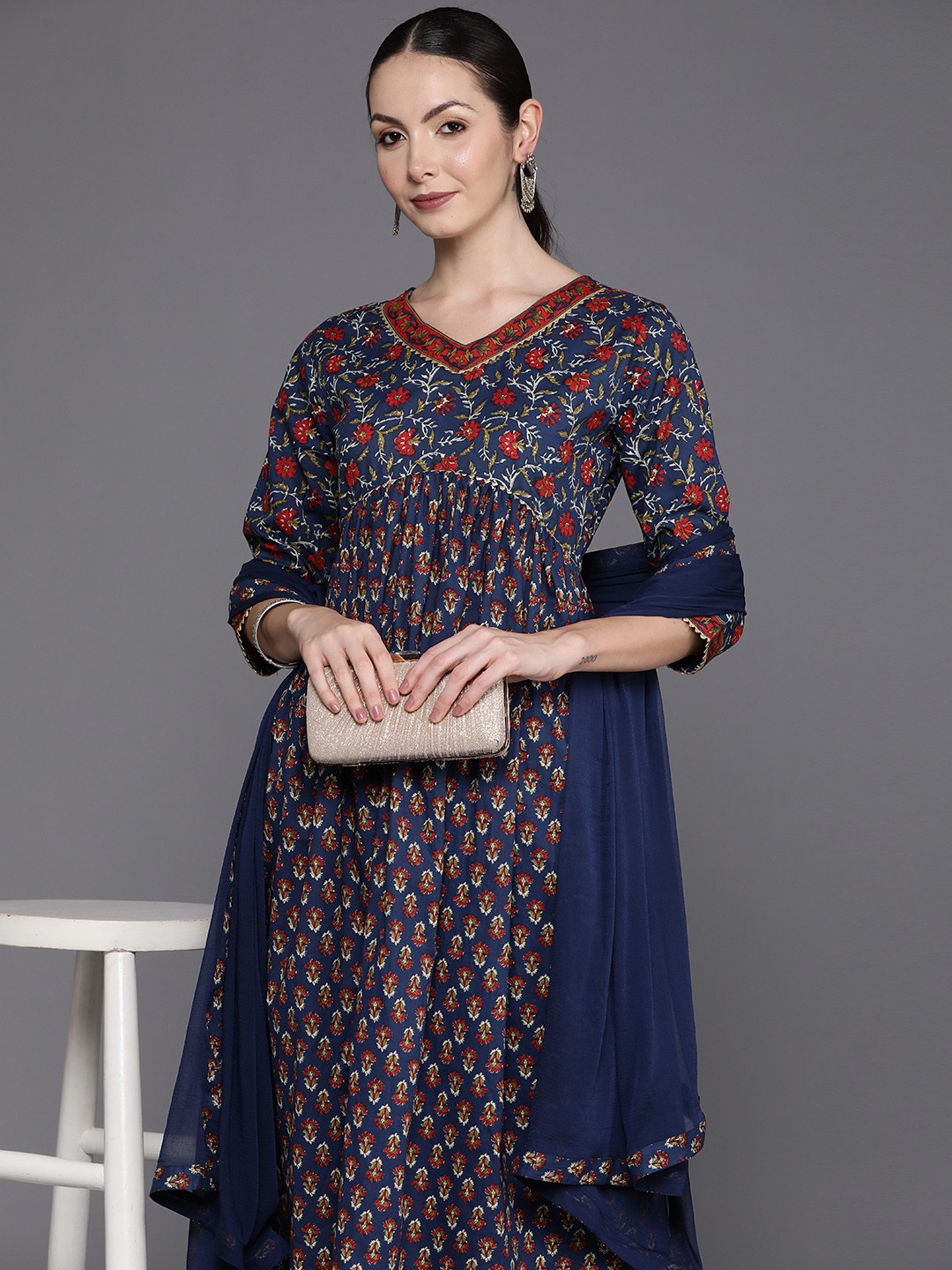 

Indo Era Floral Printed Empire Gotta Patti Pure Cotton Kurta with Trousers & Dupatta, Navy blue