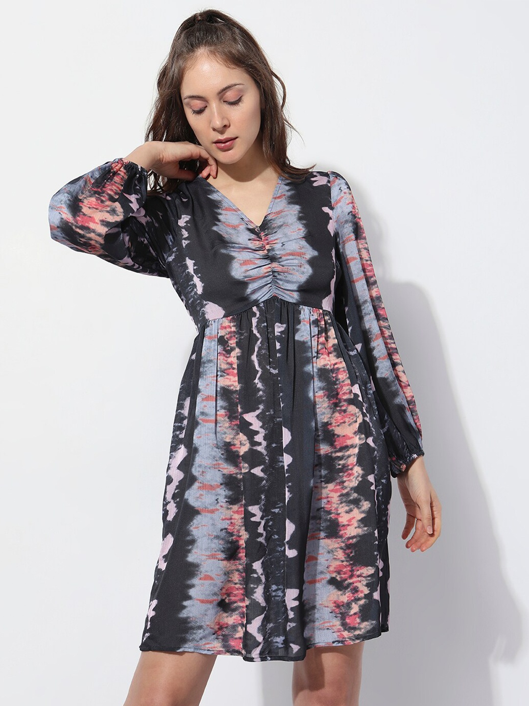 

Vero Moda Abstract Printed Puff Sleeve Fit & Flare Dress, Black