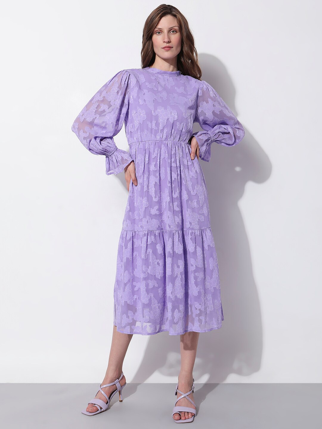

Vero Moda Floral Self Design Tiered Fit & Flare Midi Dress, Purple