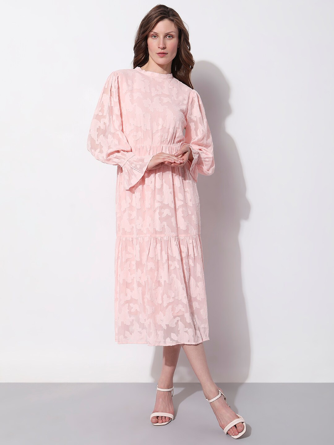 

Vero Moda Floral Self Design Tiered Fit & Flare Midi Dress, Pink