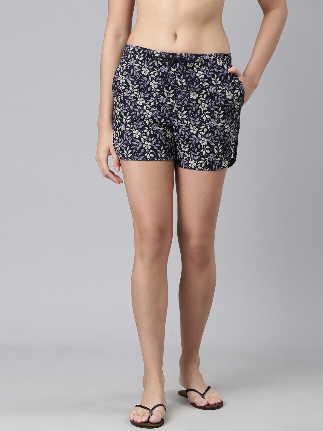 Enamor Floral Printed Cotton Shorts, Navy blue