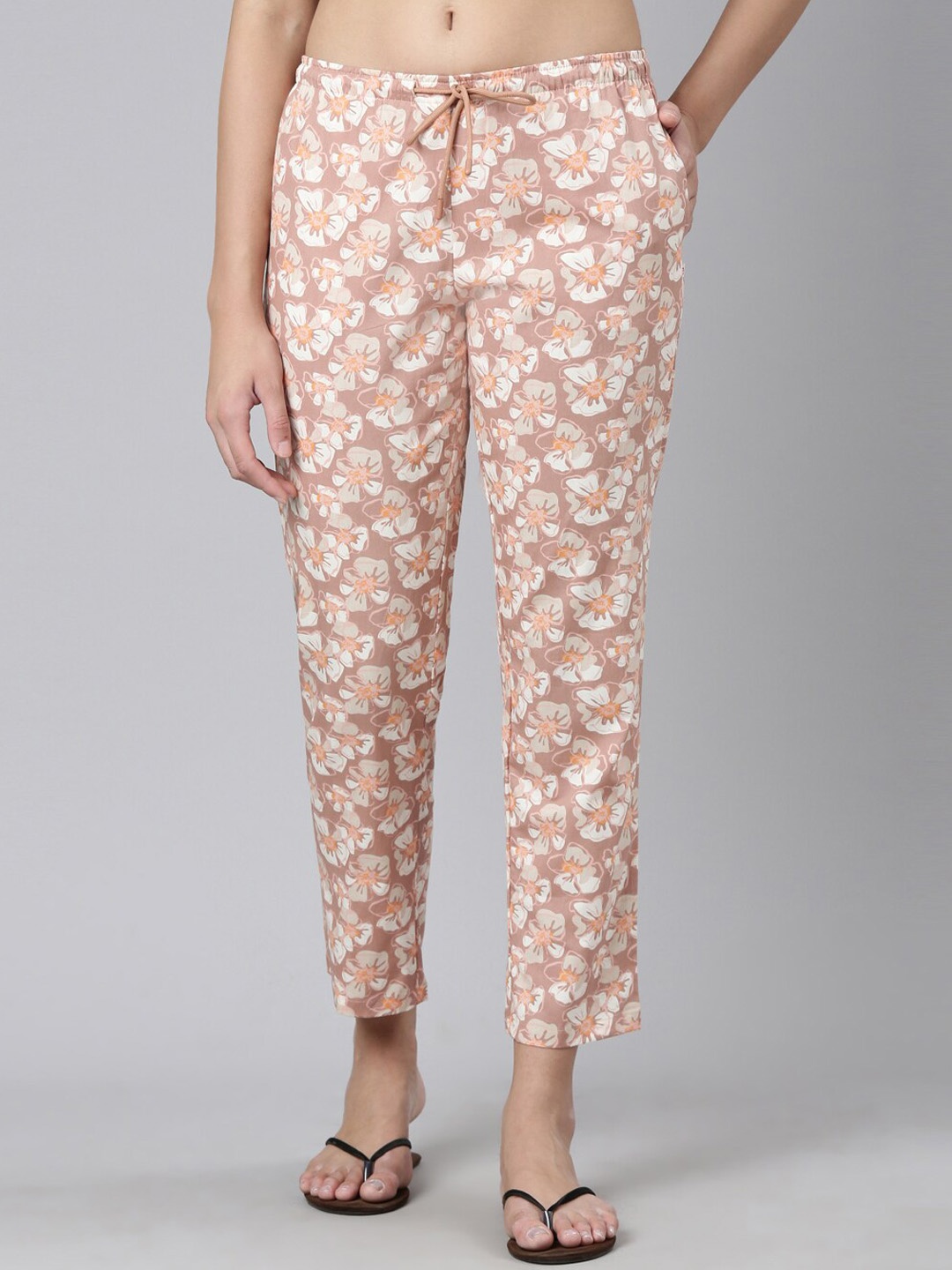 Enamor Women Printed Cotton Lounge Pants, Peach
