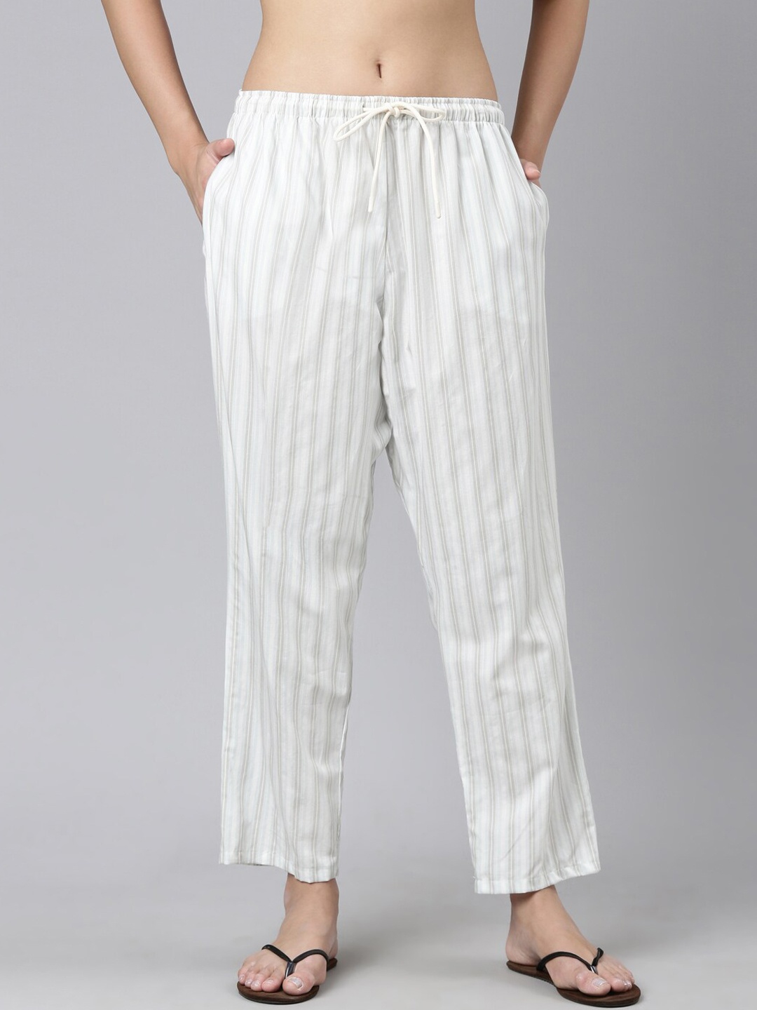 

Enamor Women Striped Cotton Lounge Pants, White