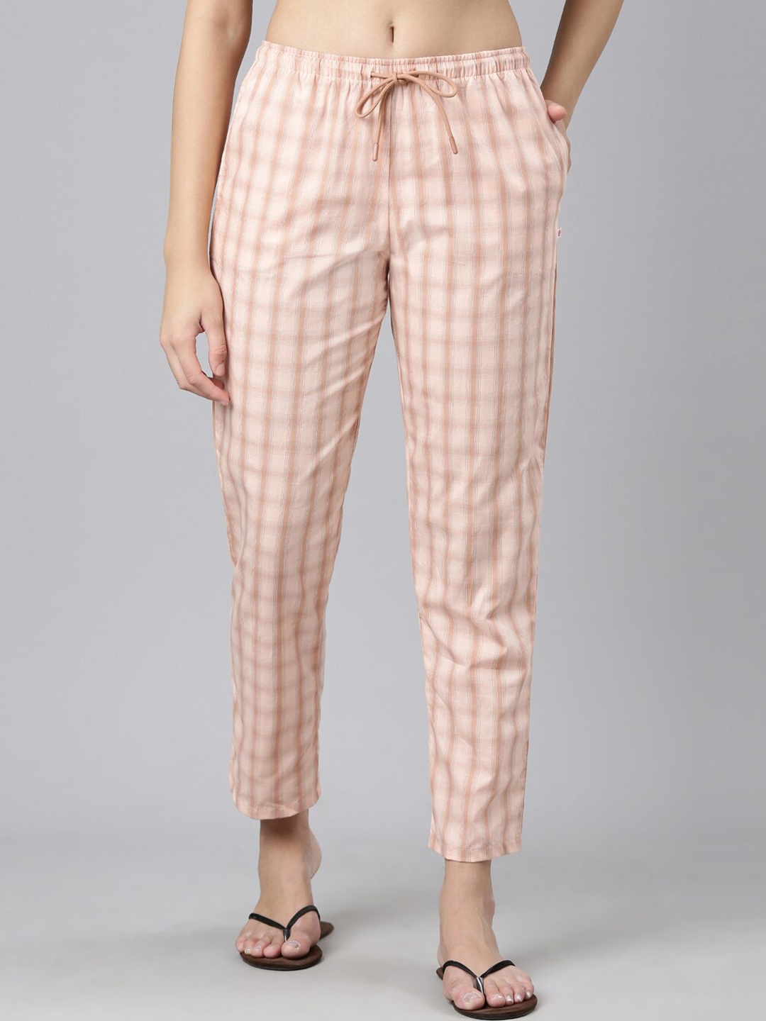 Enamor Women Checked Cotton Lounge Pants, Peach