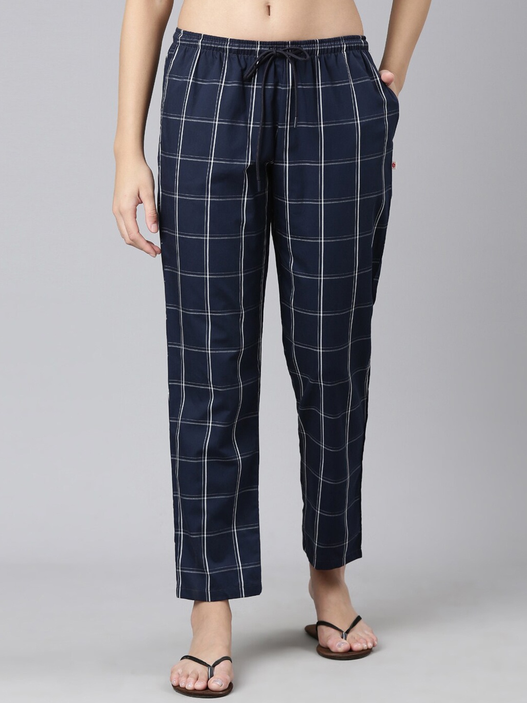 

Enamor Women Checked Mid-Rise Straight Leg Cotton Lounge Pants, Navy blue