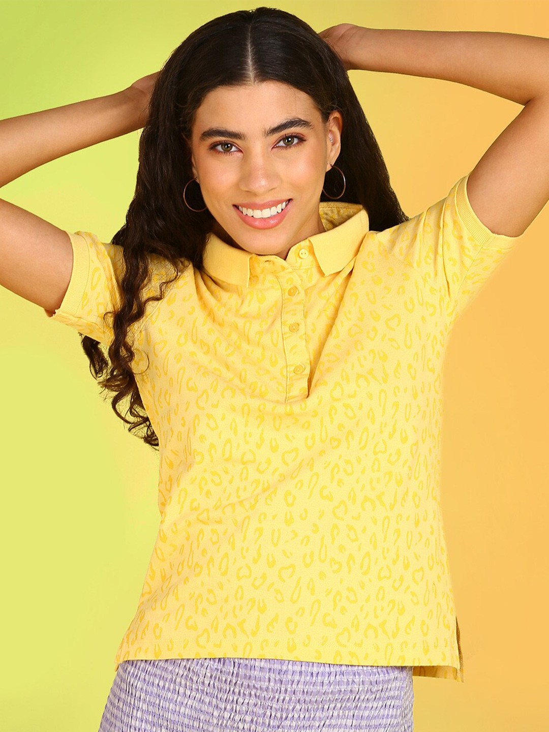 

Mast & Harbour Yellow Abstract Printed Sublimation Pure Cotton T-shirt