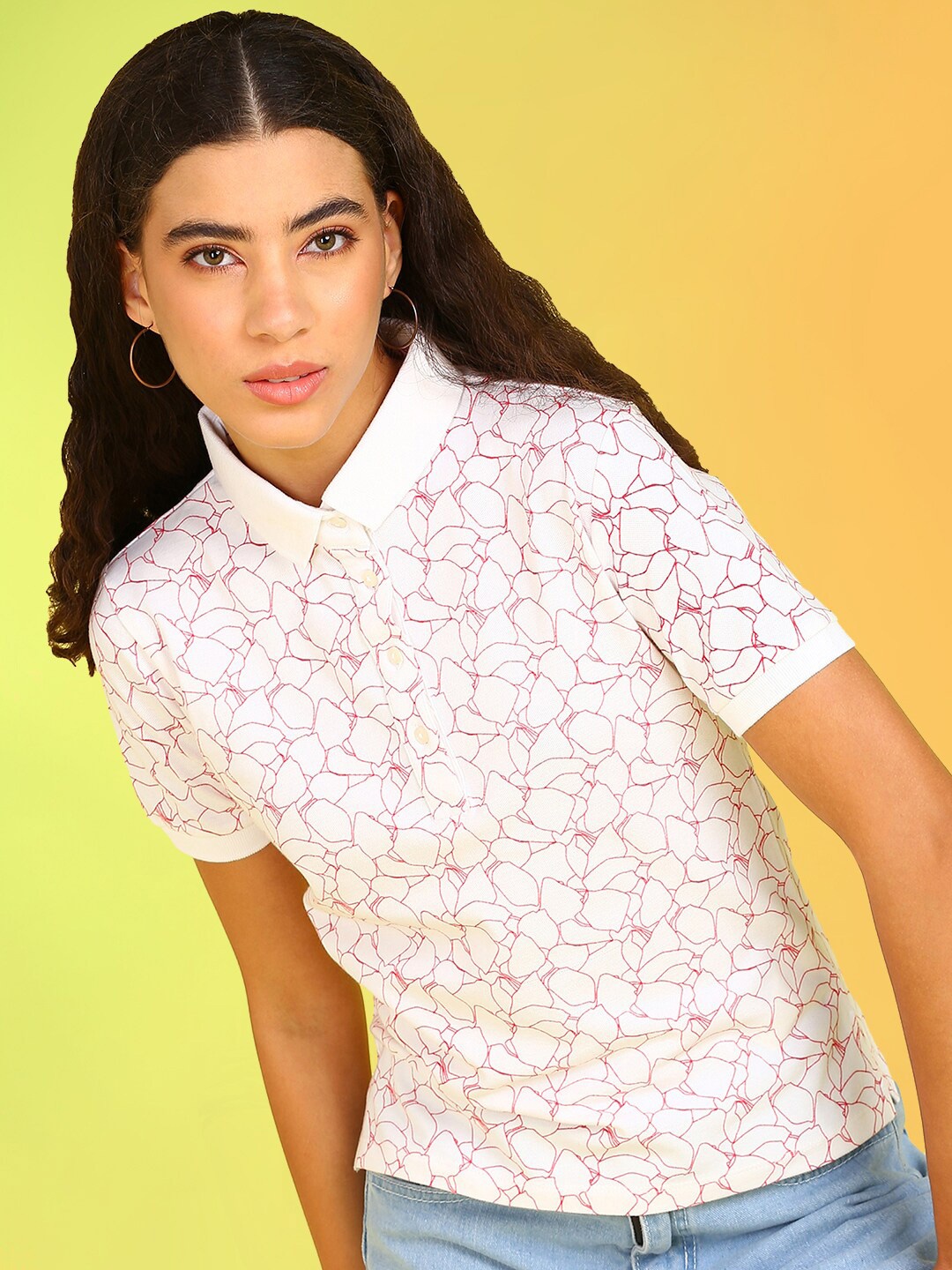 

Mast & Harbour White Abstract Printed Sublimation Pure Cotton T-shirt