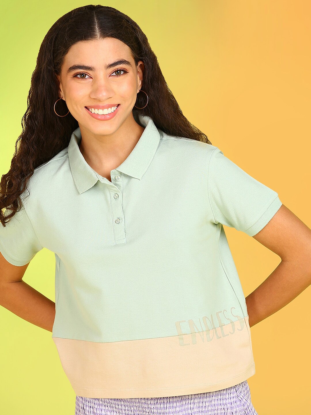 

Mast & Harbour Green Polo Collar Colourblocked Sublimation Pure Cotton T-shirt