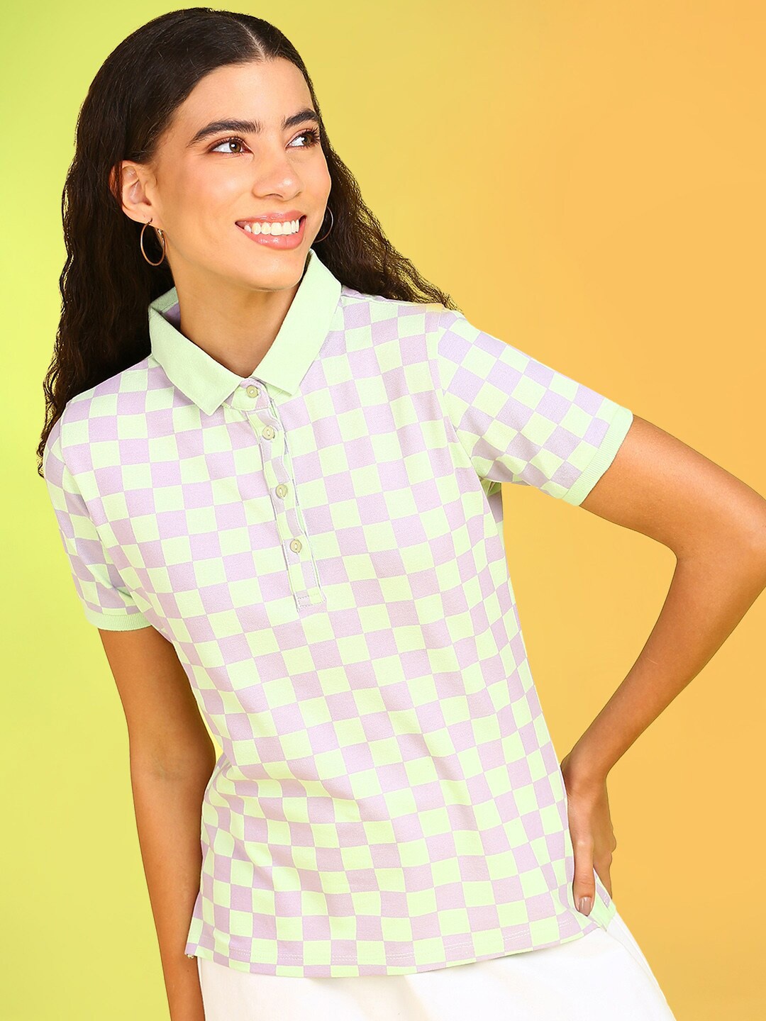 

Mast & Harbour Mint Green Geometric Printed Polo Sublimation Pure Cotton T-shirt