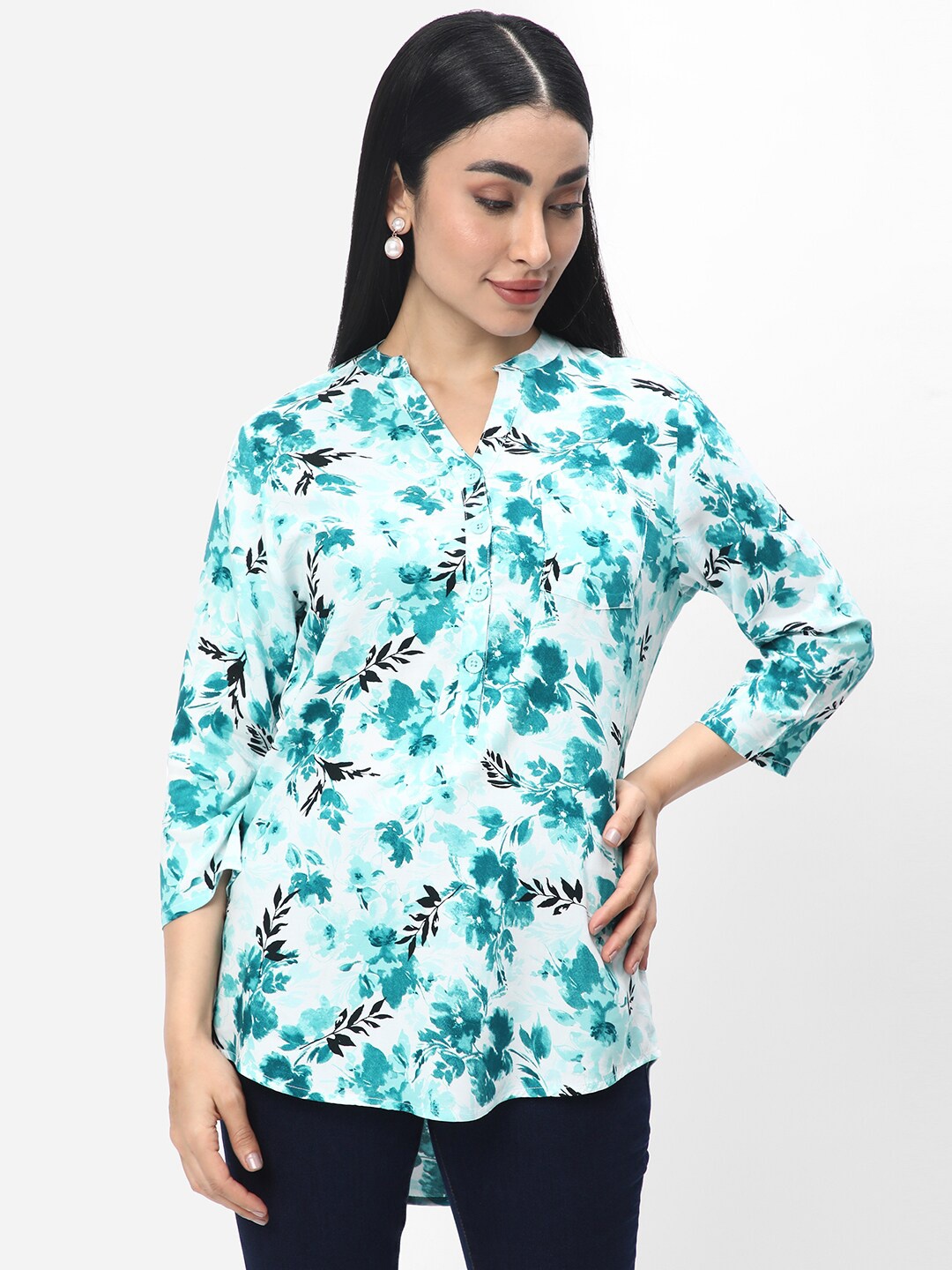 

R&B Floral Printed Shirt Style Top, Blue