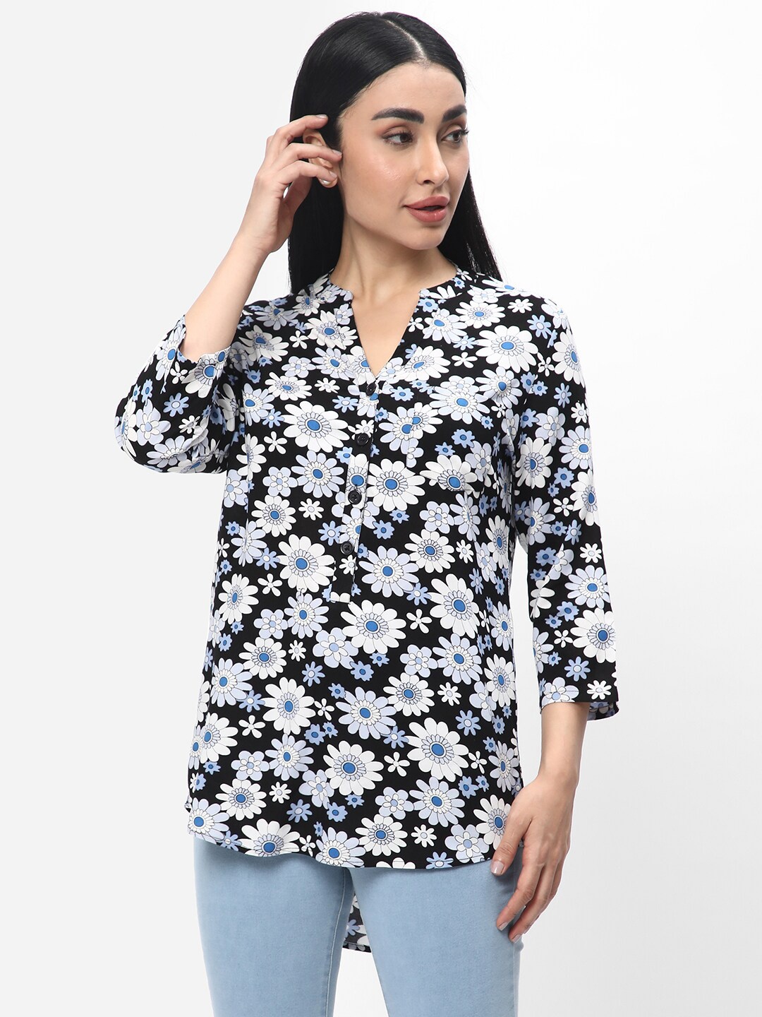

R&B Floral Printed Shirt Style Top, Black