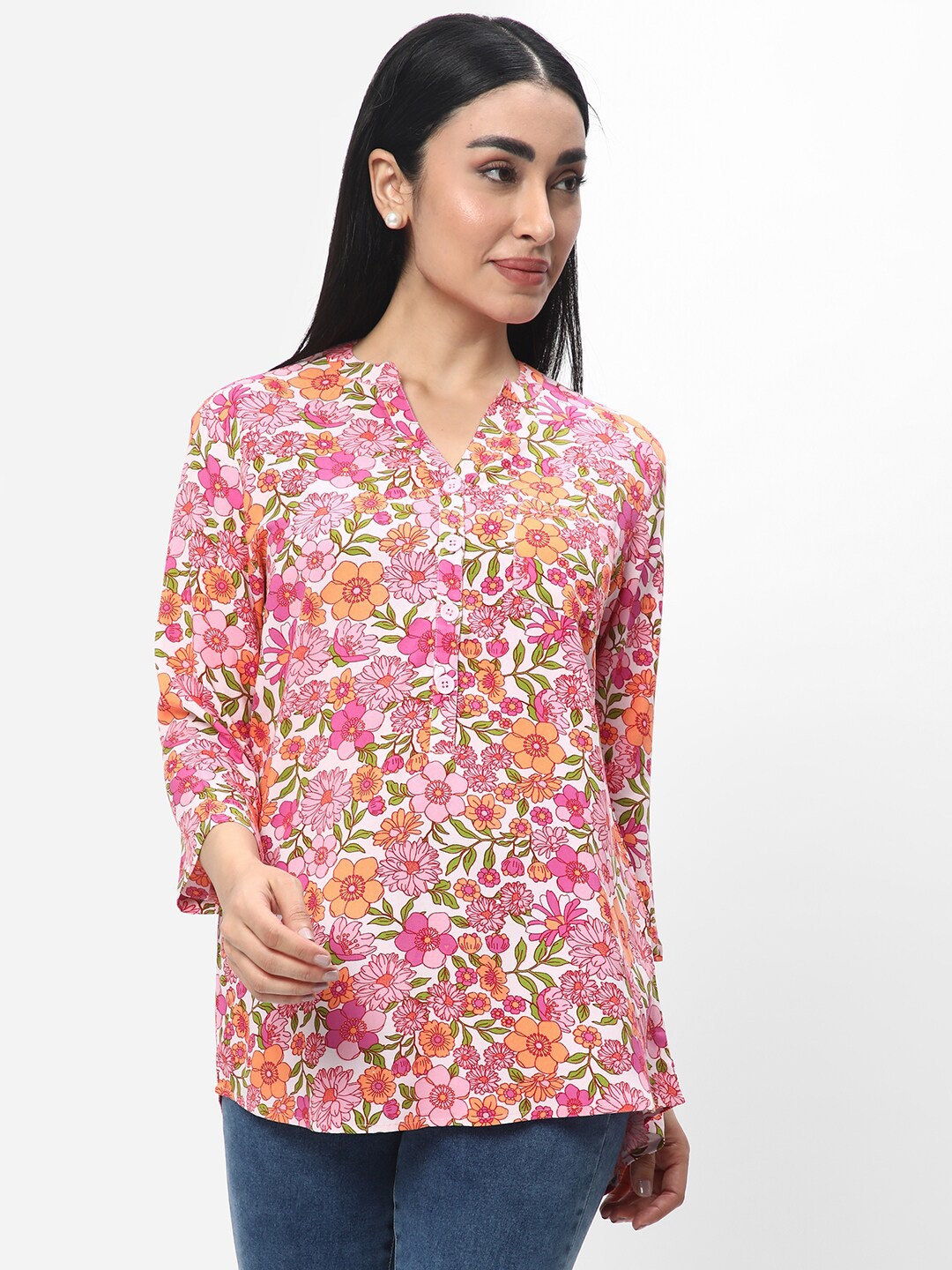 

R&B Floral Printed Mandarin Collar Shirt Style Top, Pink