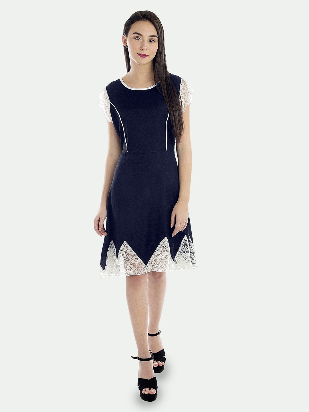 

PATRORNA Lace Inserts Flutter Sleeve Cotton A-Line Dress, Blue