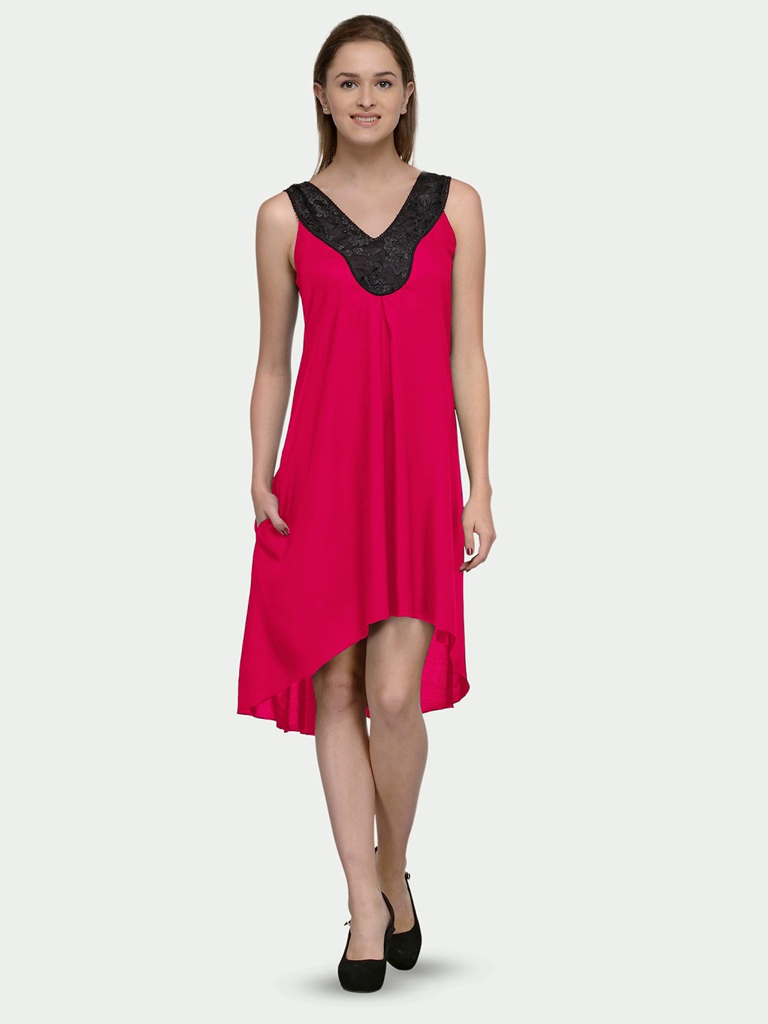 

PATRORNA Lace Insert Sleeveless High-Low V-Neck A-Line Dress, Black
