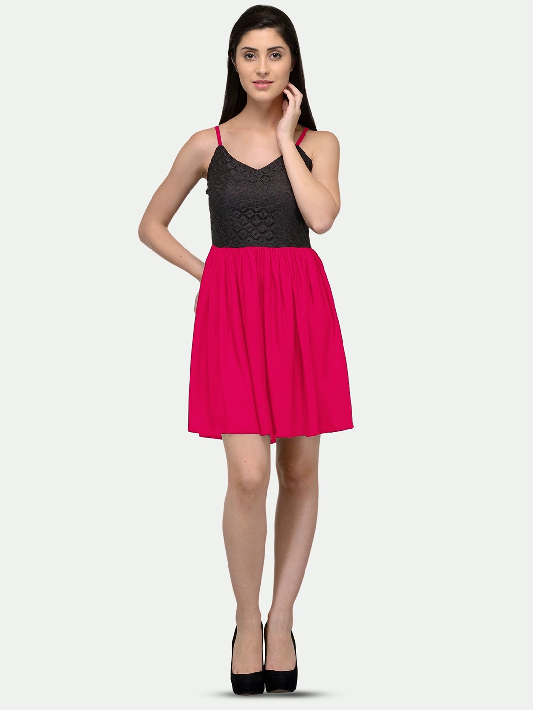 

PATRORNA Lace Shoulder Straps Fit & Flare Dress, Black