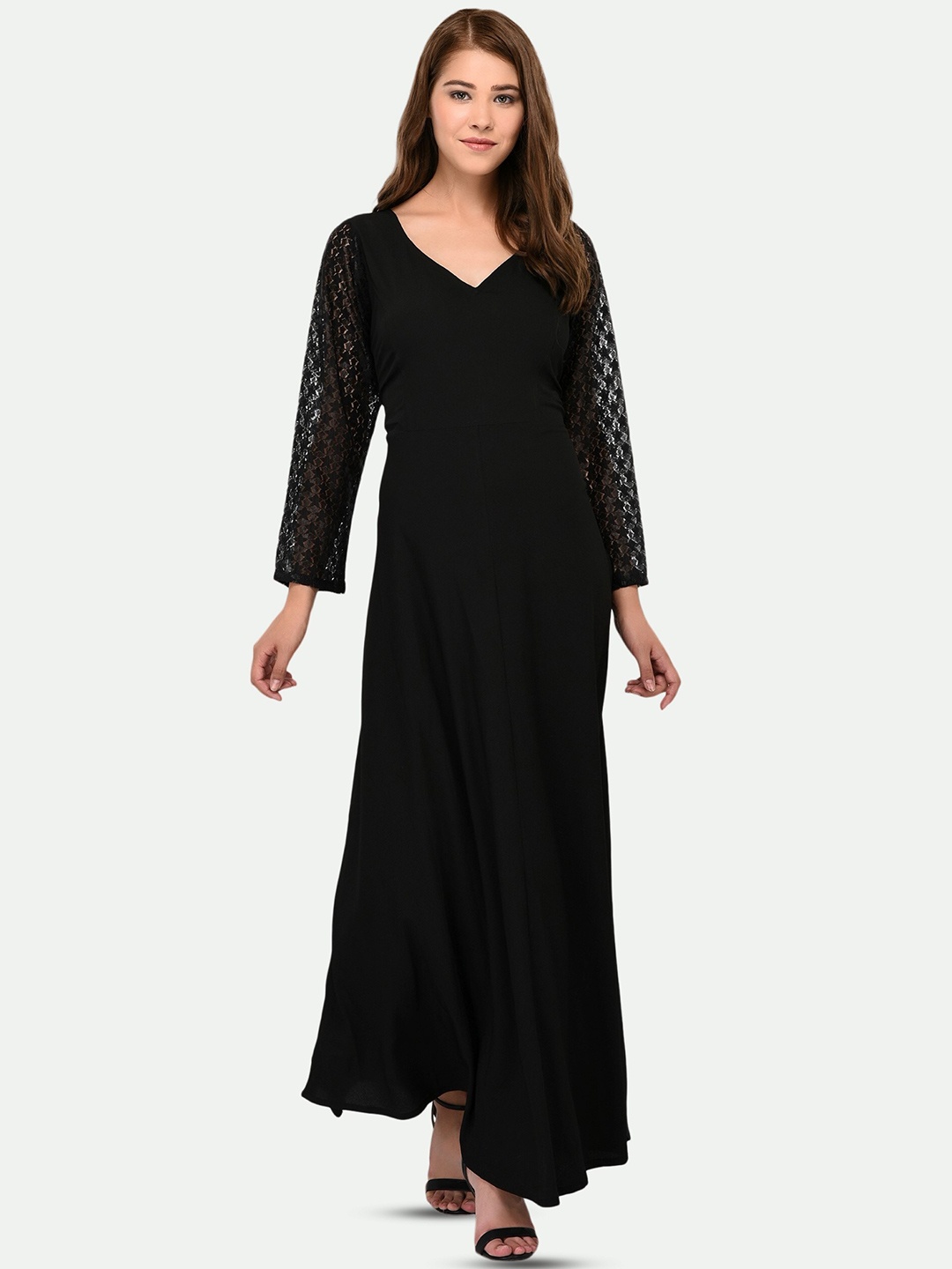 

PATRORNA V-Neck Lace Insert Belted Maxi Dress, Black