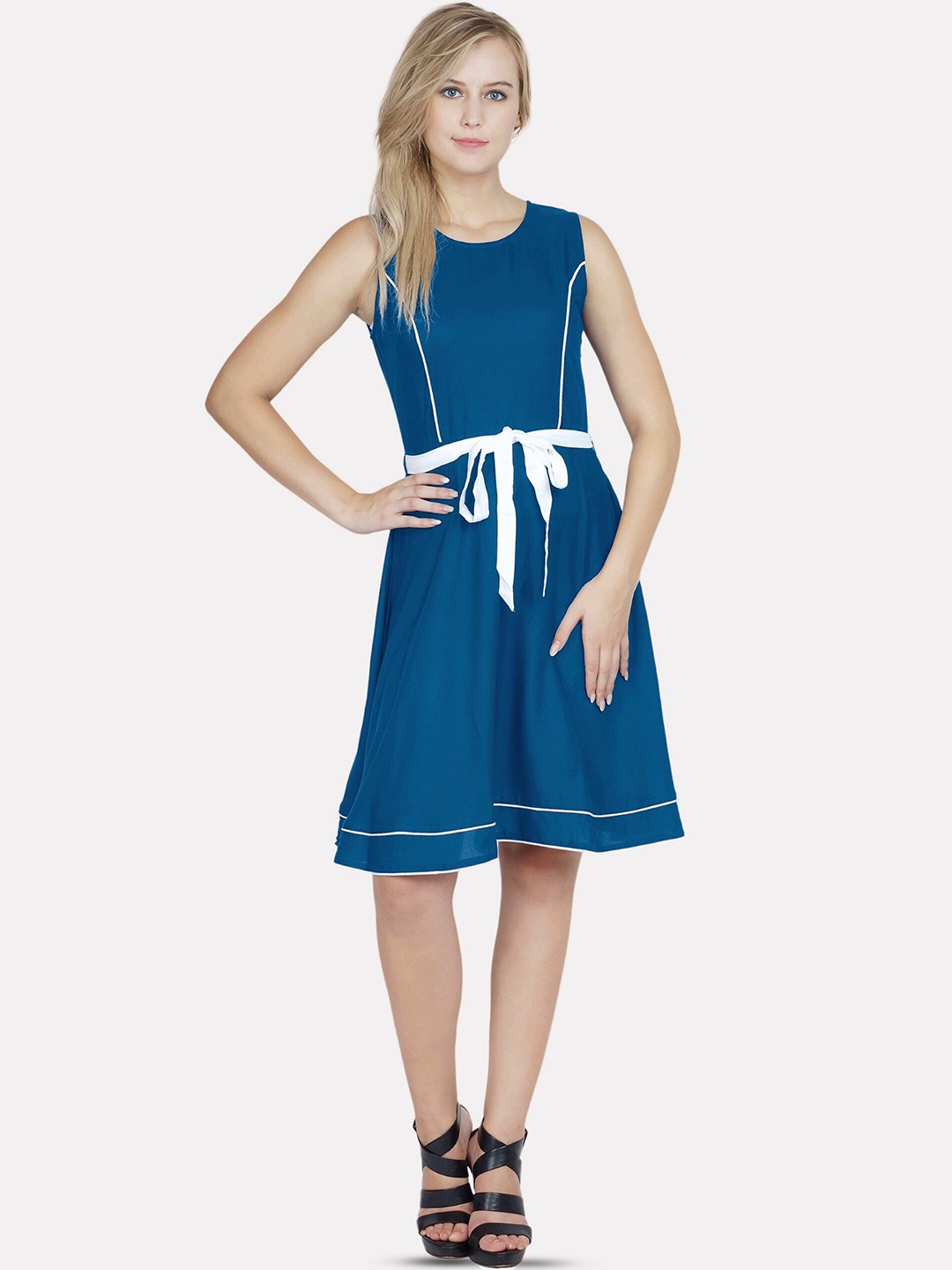 

PATRORNA Round Neck A-Line Cotton Dress, Blue