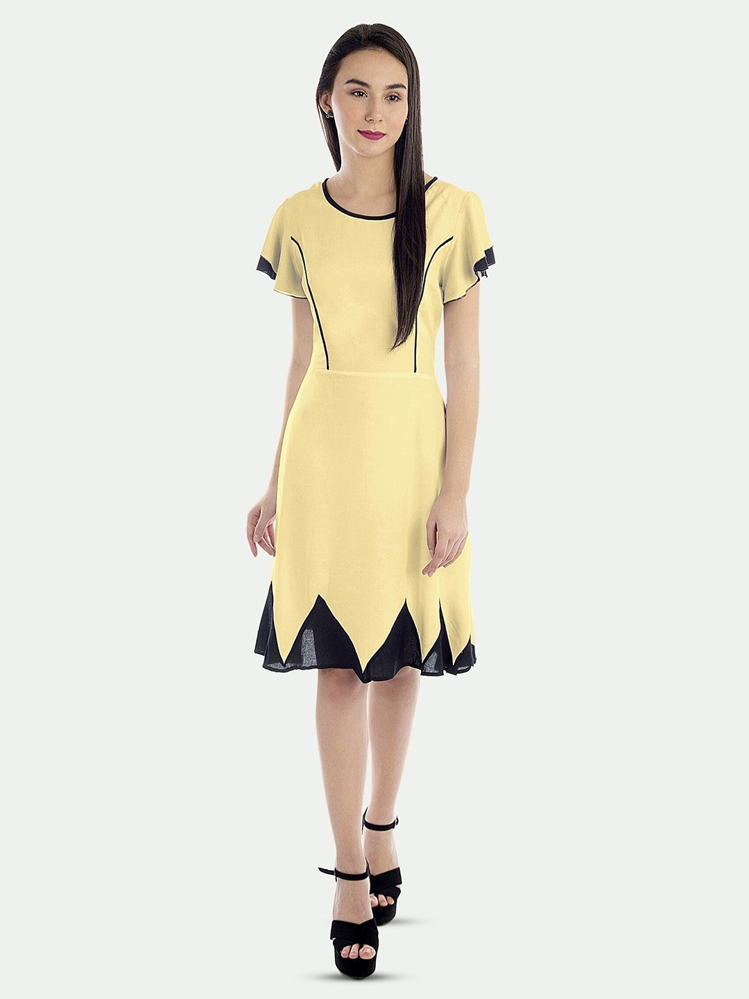 

PATRORNA Geometric Printed Flared Sleeves Cotton A-Line Knee Length Dress, Yellow