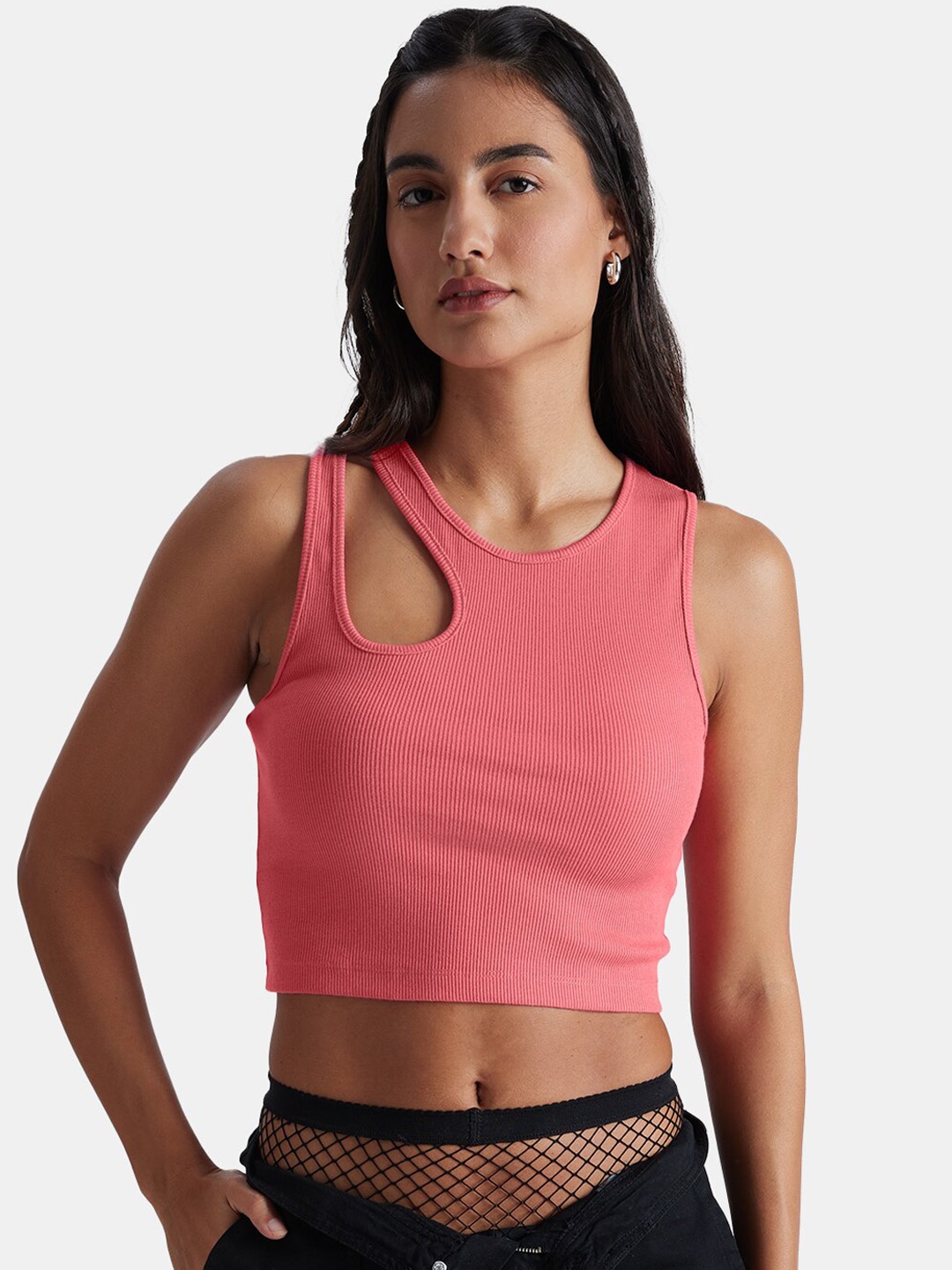 

The Souled Store Pink Cut Outs Cotton Fitted Crop Top