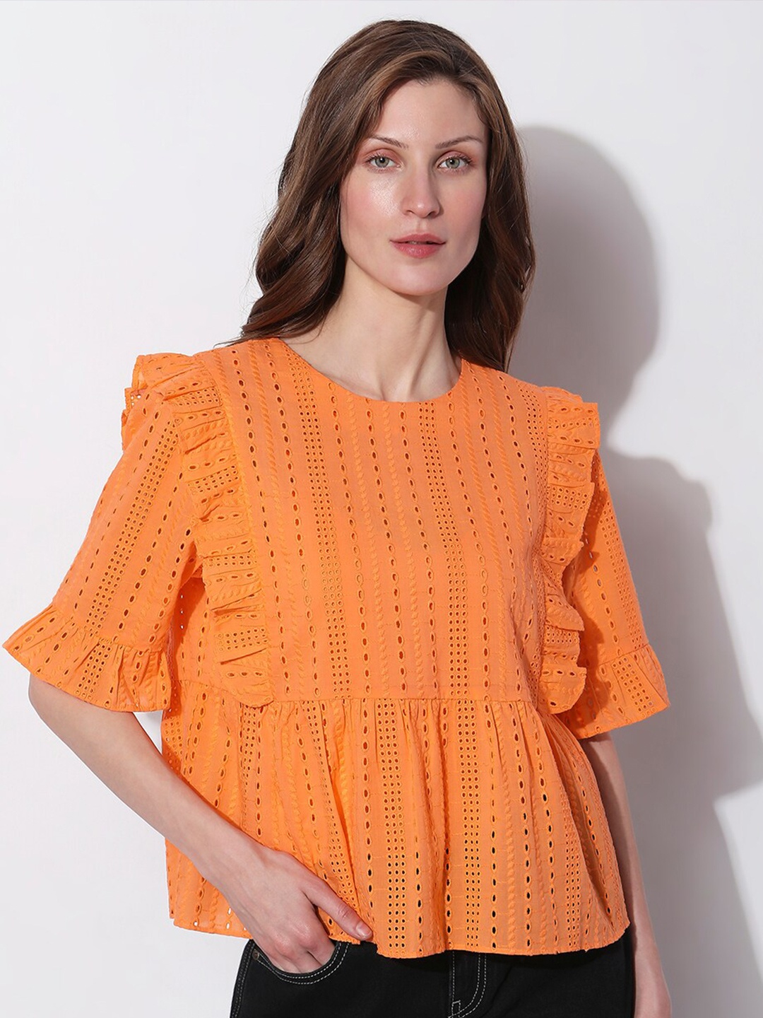 

Vero Moda Self Design Ruffled Cotton Top, Orange