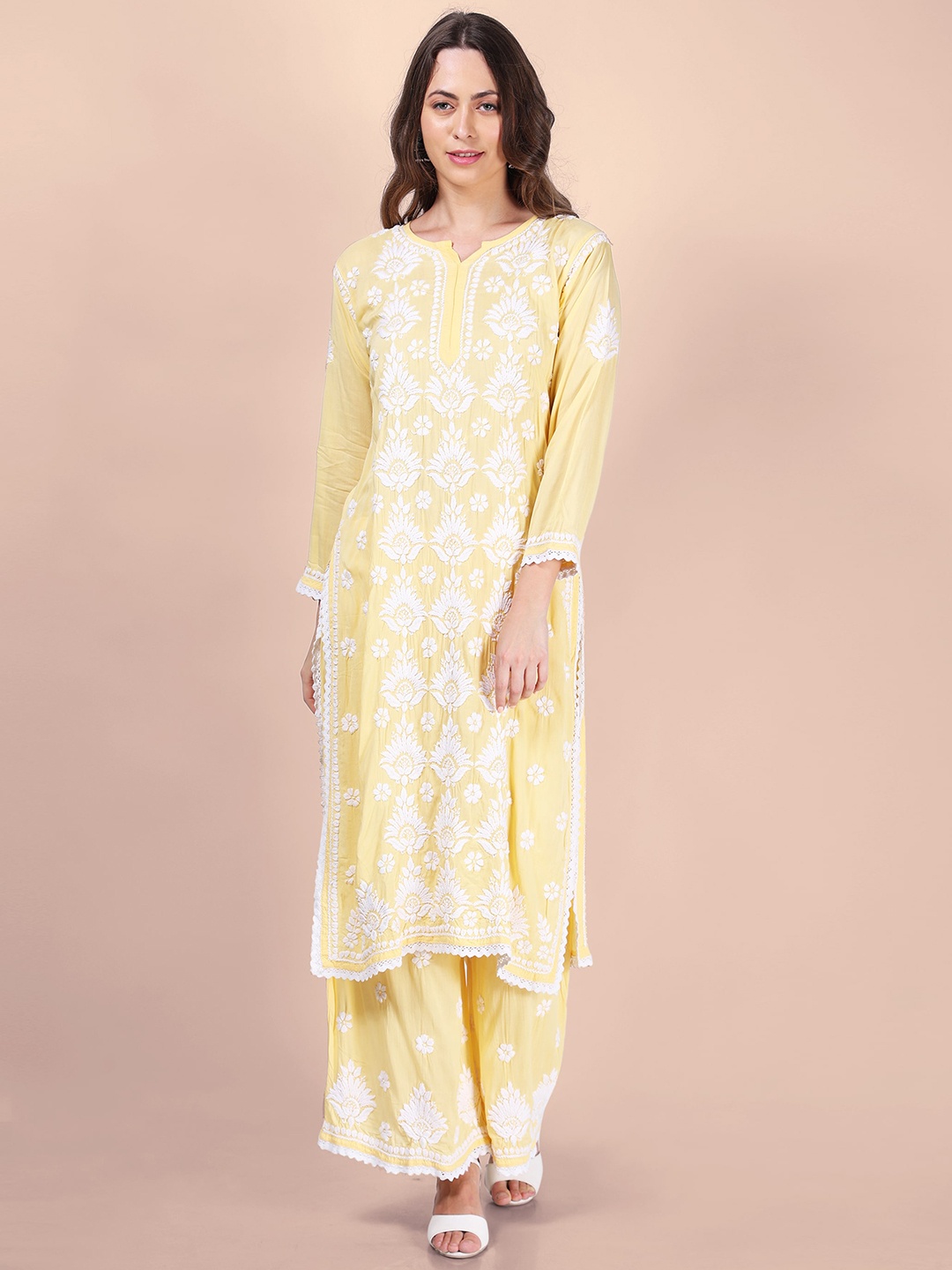 

Syrish Ethnic Motifs Embroidered Regular Chikankari Kurta with Palazzos, Yellow