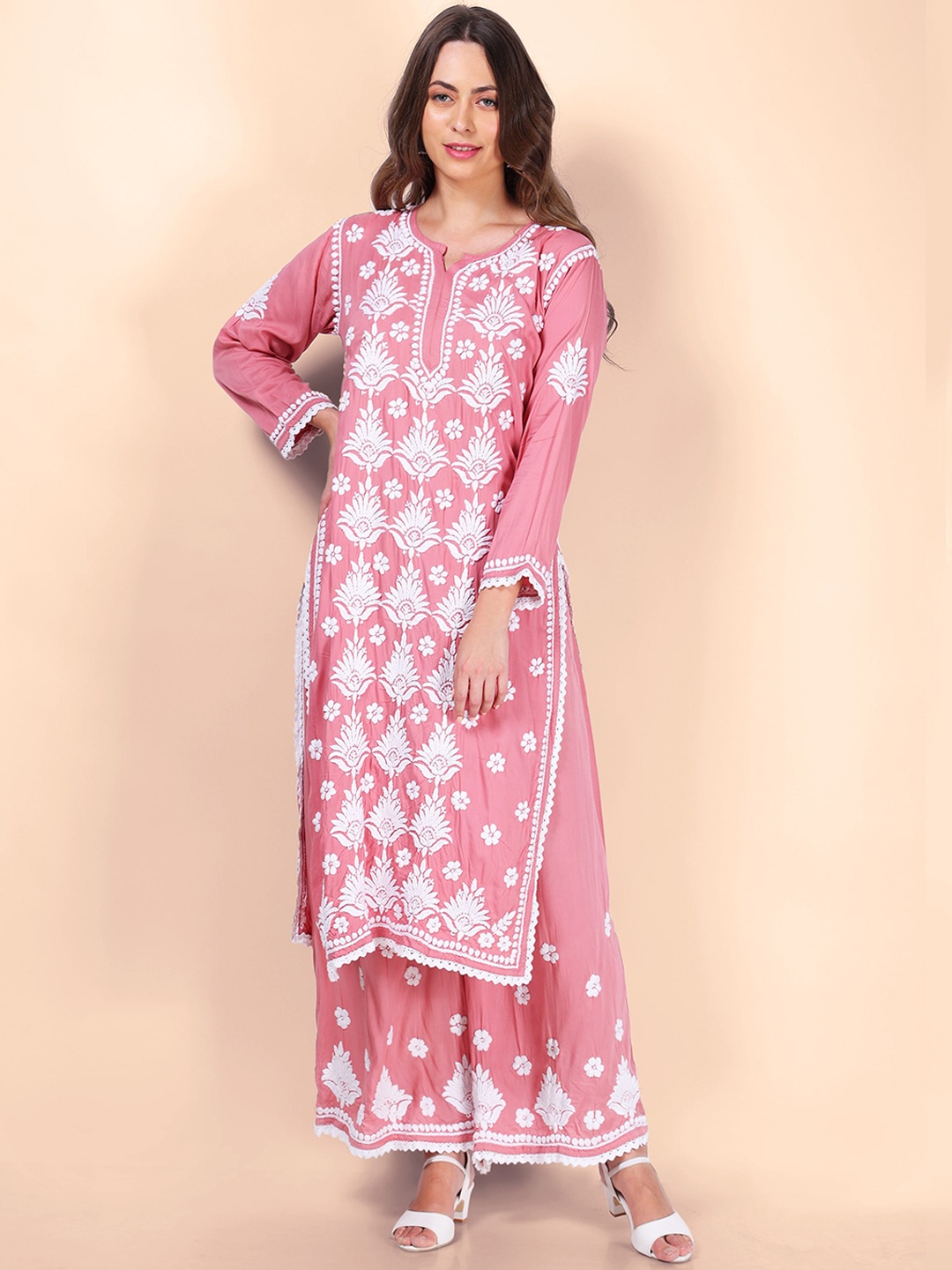 

Syrish Women Pink Embroidered Regular Chikankari Kurta with Palazzos