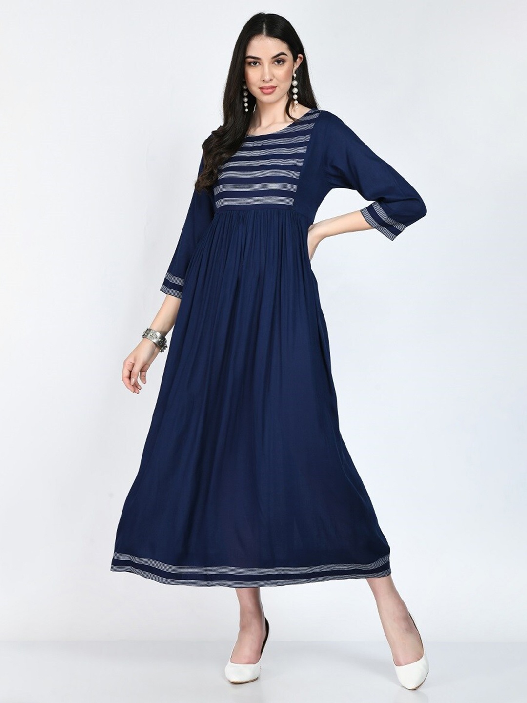 

KALINI Striped Maternity Fit & Flare Midi Dress, Teal