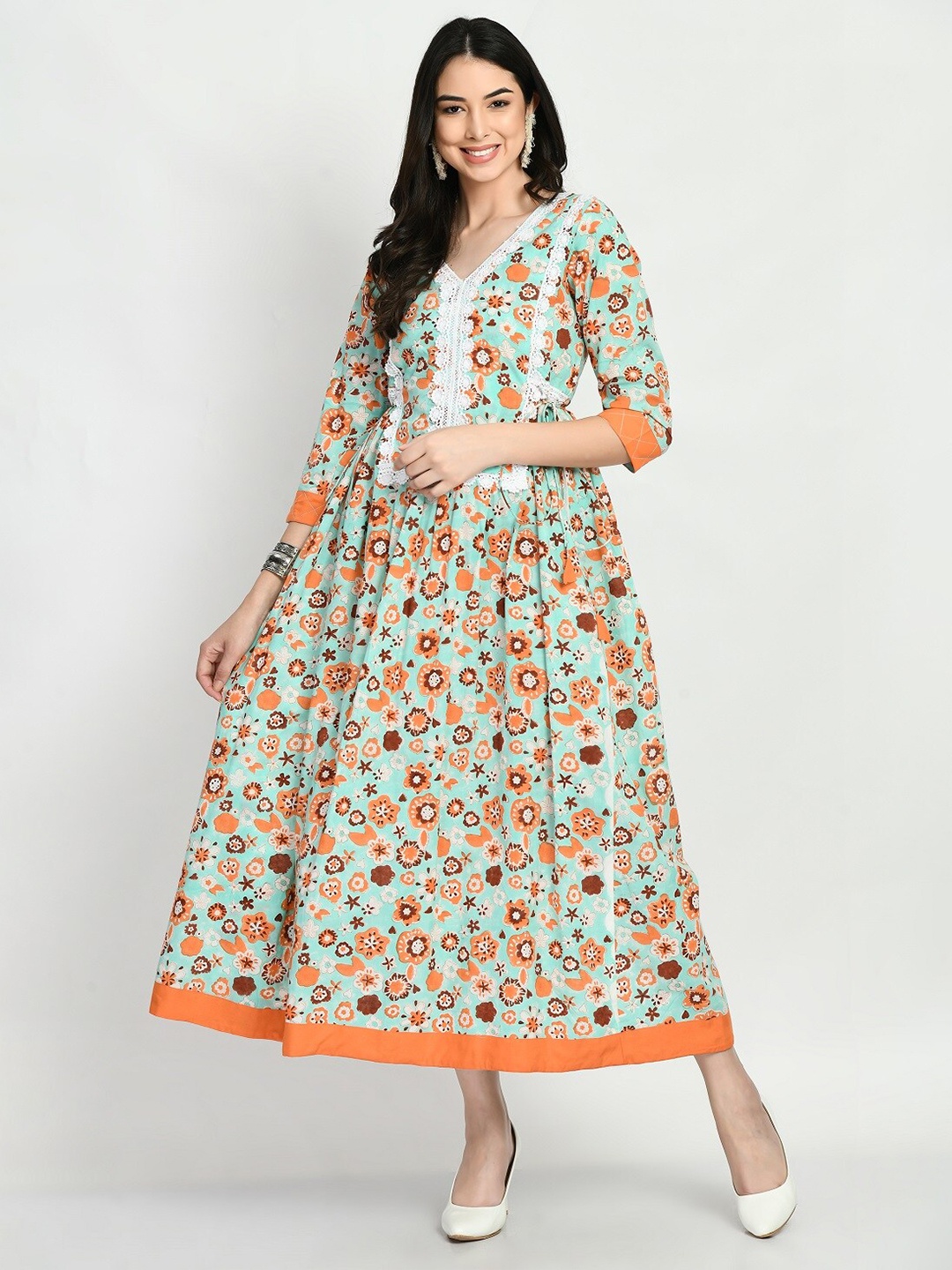 

KALINI Floral Printed Maternity A-Line Ethnic Dress, Orange