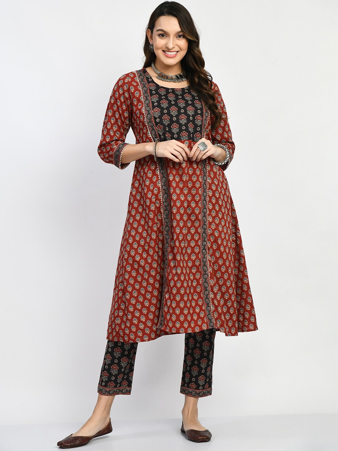 

KALINI Ethnic Motifs Printed Regular A-Line Maternity Pure Cotton Kurta with Trousers, Maroon