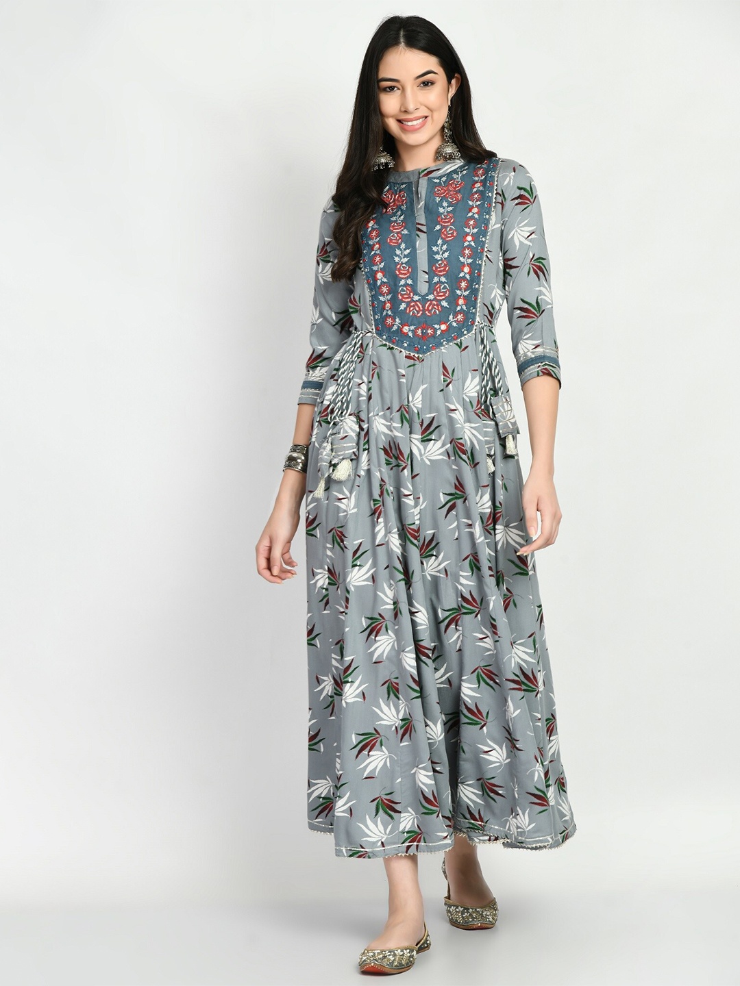 

KALINI Floral Printed Embroidered Fit & Flare Ethnic Dress, Grey