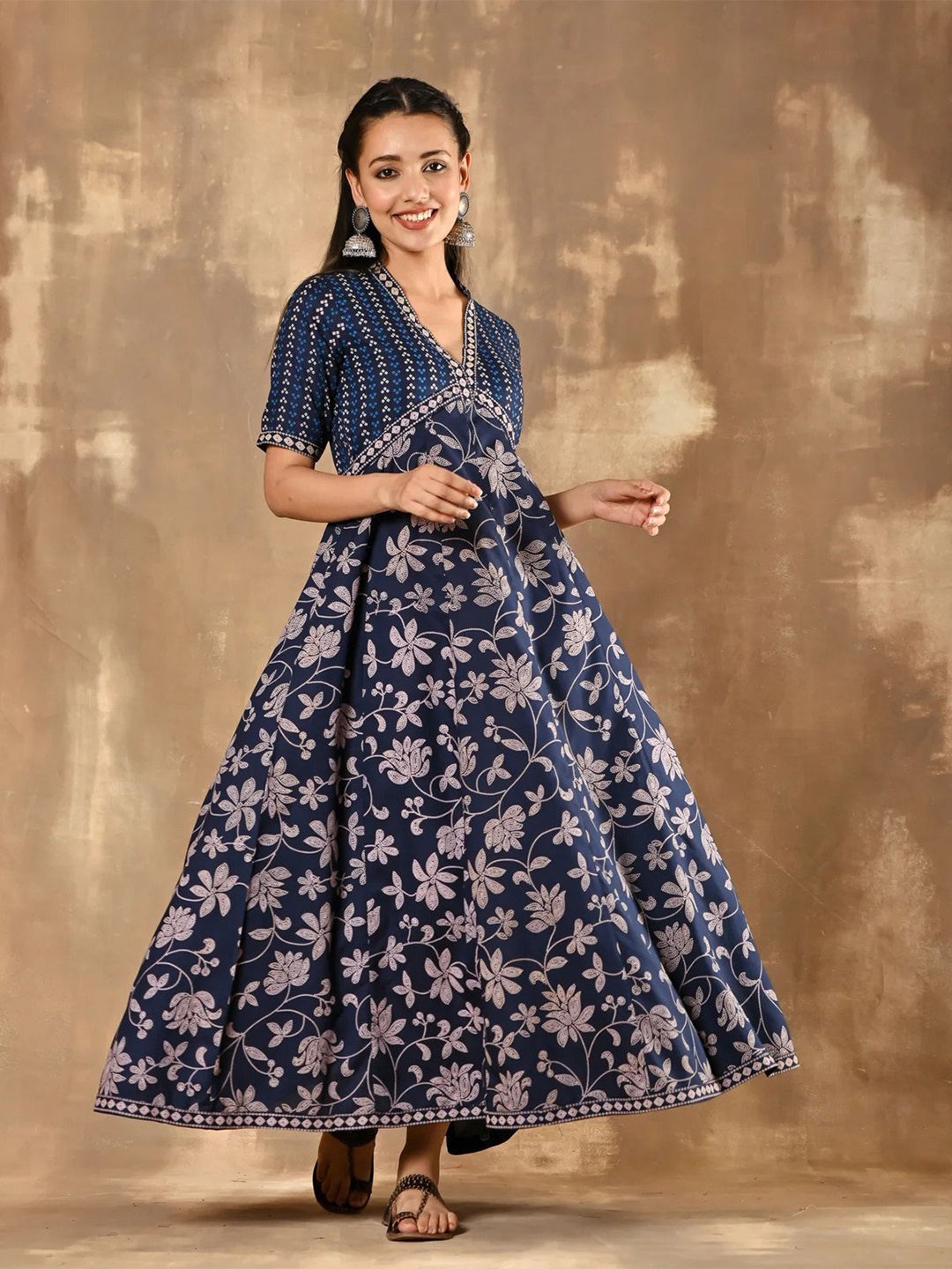 

KALINI Floral Printed Empire Ethnic Dress, Blue