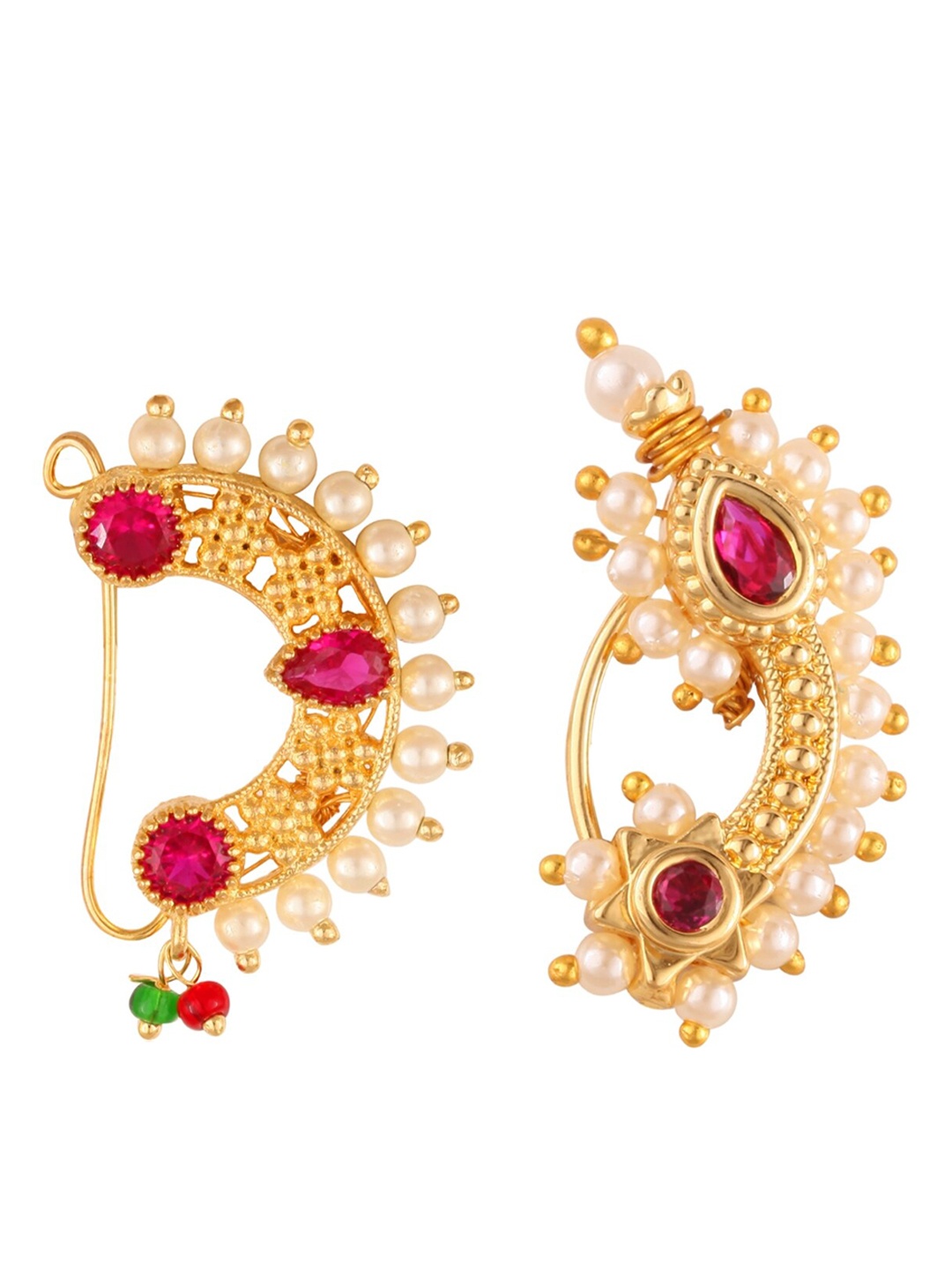 

Vighnaharta Set Of 2 Gold Plated Stone-Studded & Pearl Beaded Nosepin